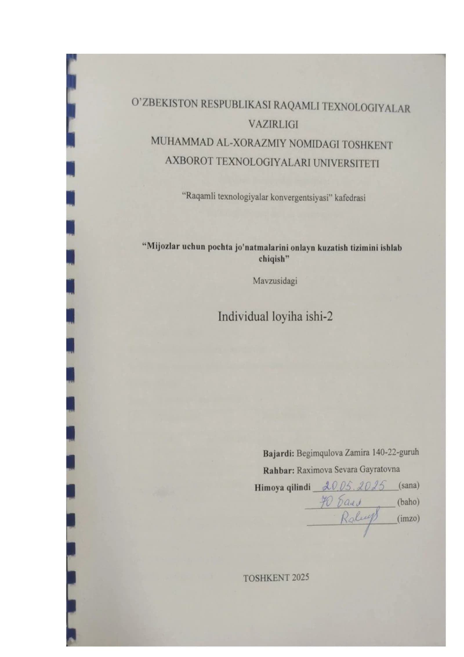 Mijozlar uchun pochta joʻnatmalarini onlayn kuzatish tizimini ishlab chiqish