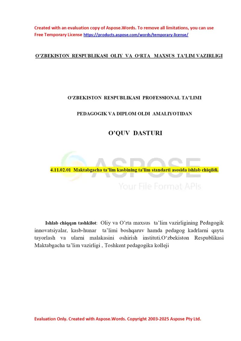 Pedagogik va diplom oldi amaliyot o‘quv dasturi