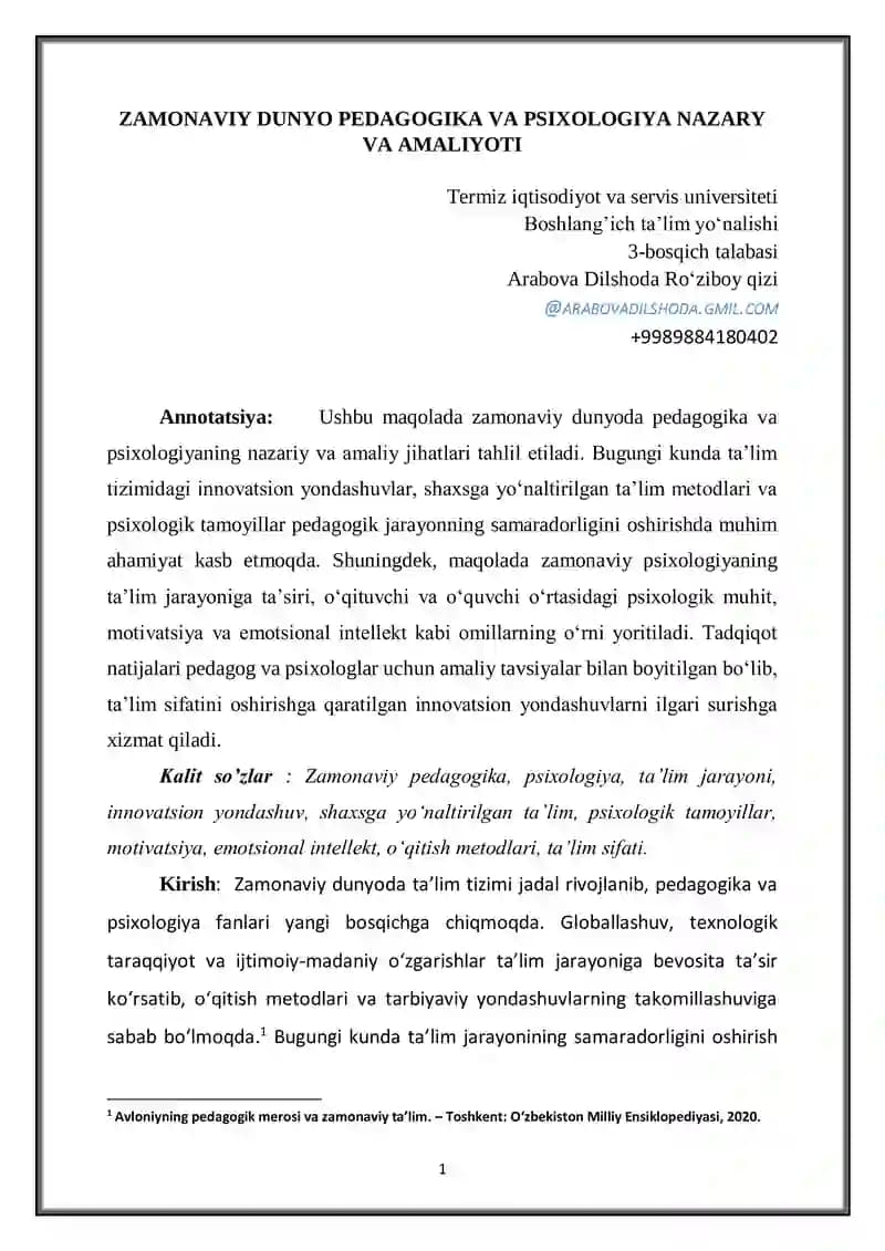 ZAMONAVIY DUNYO PEDAGOGIKA VA PSIXOLOGIYA NAZARY VA AMALIYOTI