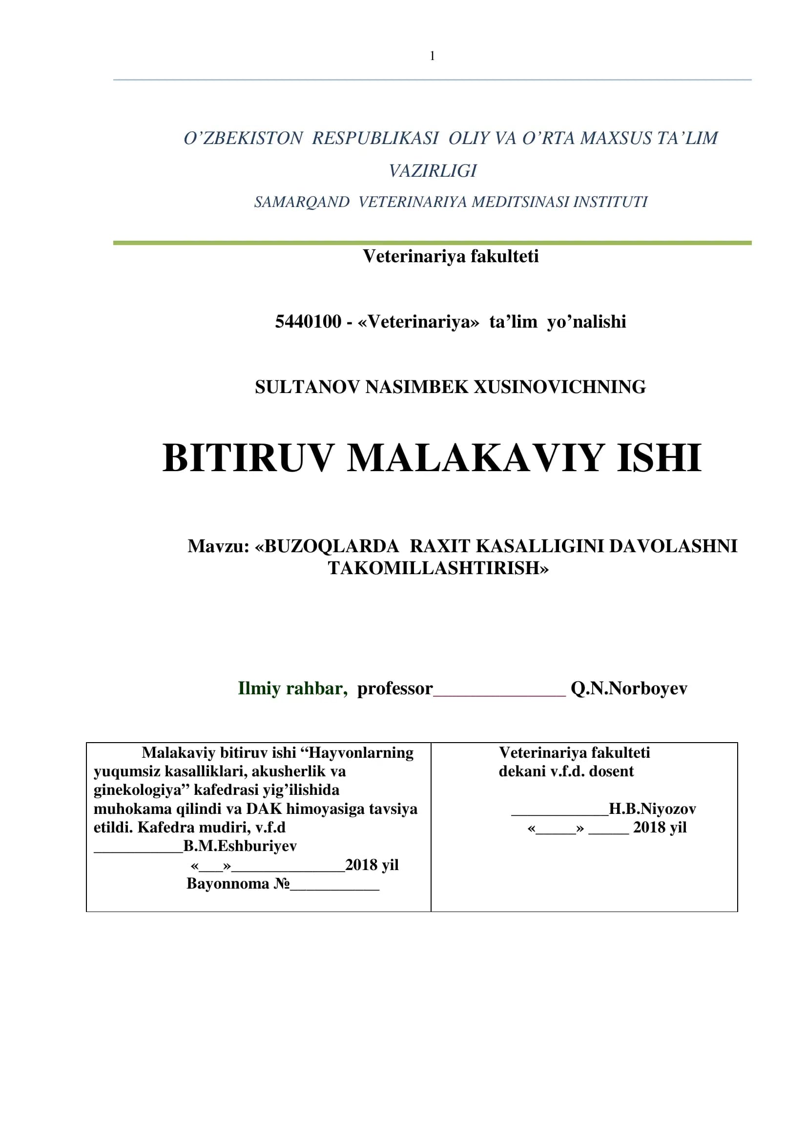 BUZOQLARDA RAXIT KASALLIGINI DAVOLASHNI TAKOMILLASHTIRISH