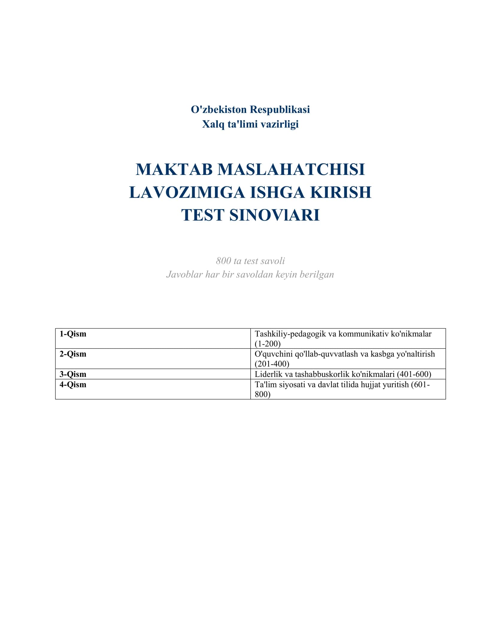 MAKTAB MASLAHATCHISI LAVOZIMIGA ISHGA KIRISH TEST SINOVlARI TASHKILIY-PEDAGOGIK VA KOMMUNIKATIV KO'NIKMALAR