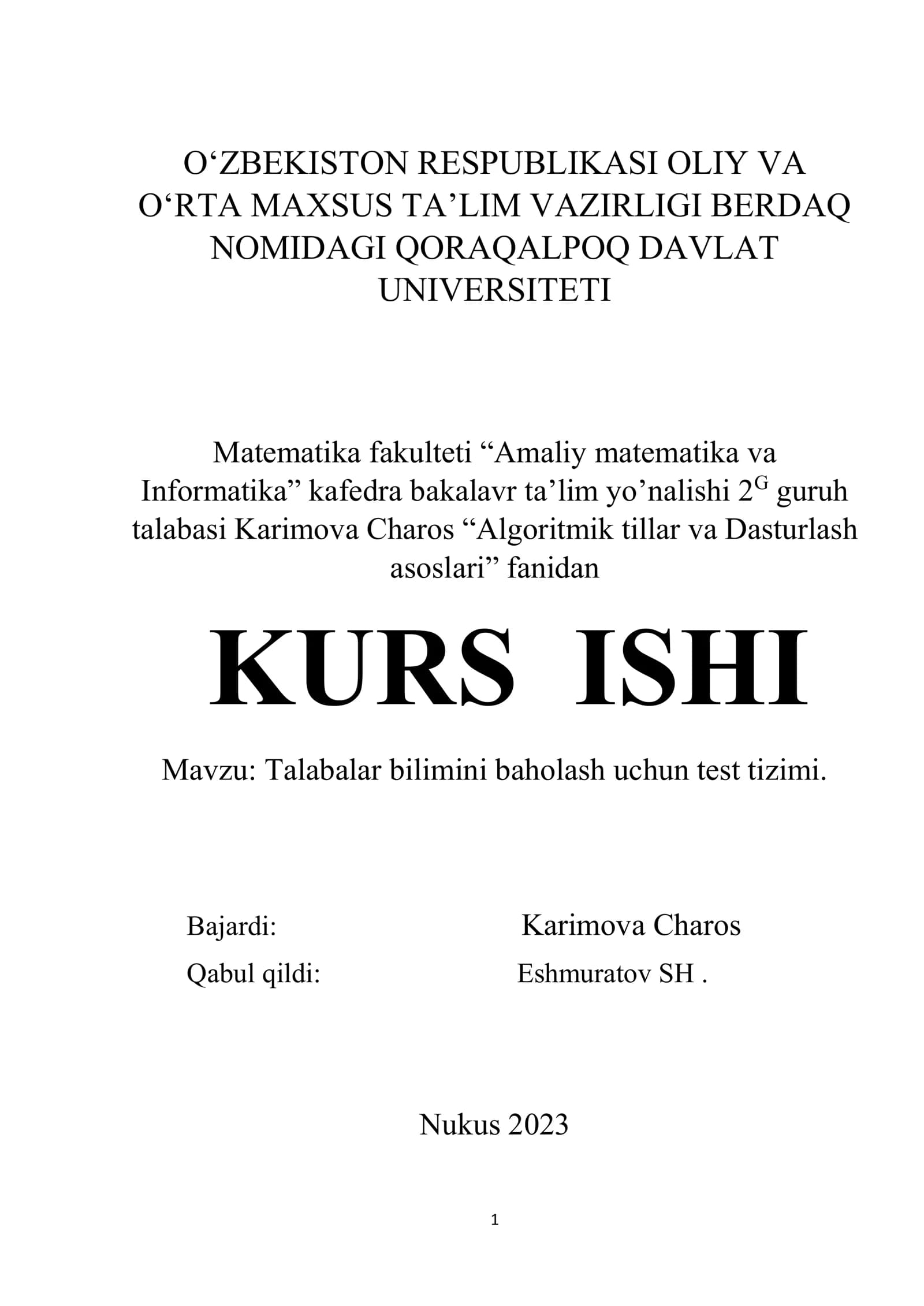 Talabalar bilimini baholash uchun test tizimi