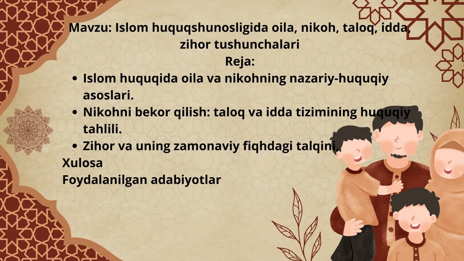 Islom huquqshunosligida oila, nikoh, taloq, idda, zihor tushunchalari