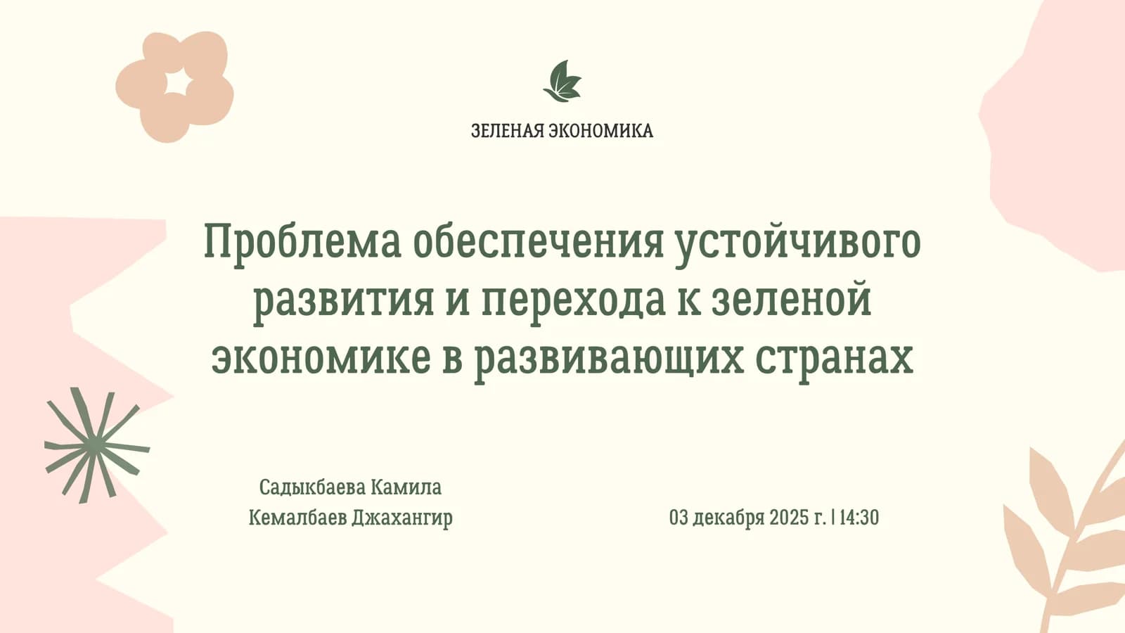 Презентация на тему : Проблема обеспечения устойчивого развития и перехода к зеленой экономике в развивающих странах