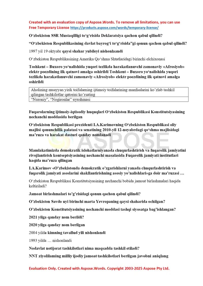 O‘zbekiston Respublikasi tarixi va qonunchiligi savol-javoblar to‘plami