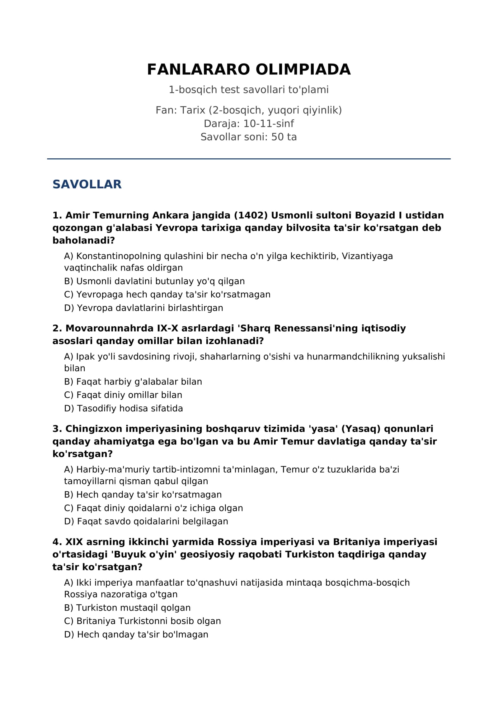 FANLARARO OLIMPIADA 2-bosqich test savollari to'plami