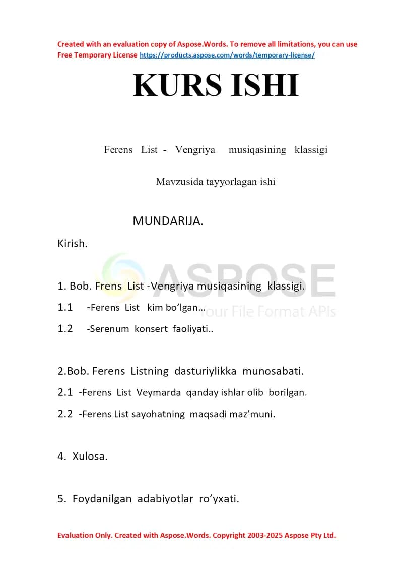 Ferens  List - Vengriya  musiqasining klassigi