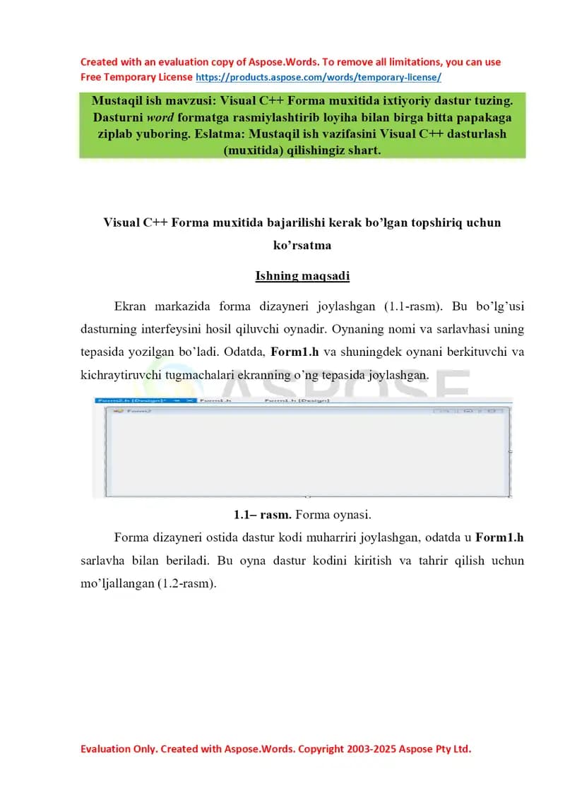 Visual C++ Forma muhitida dastur tuzish uchun mustaqil ish