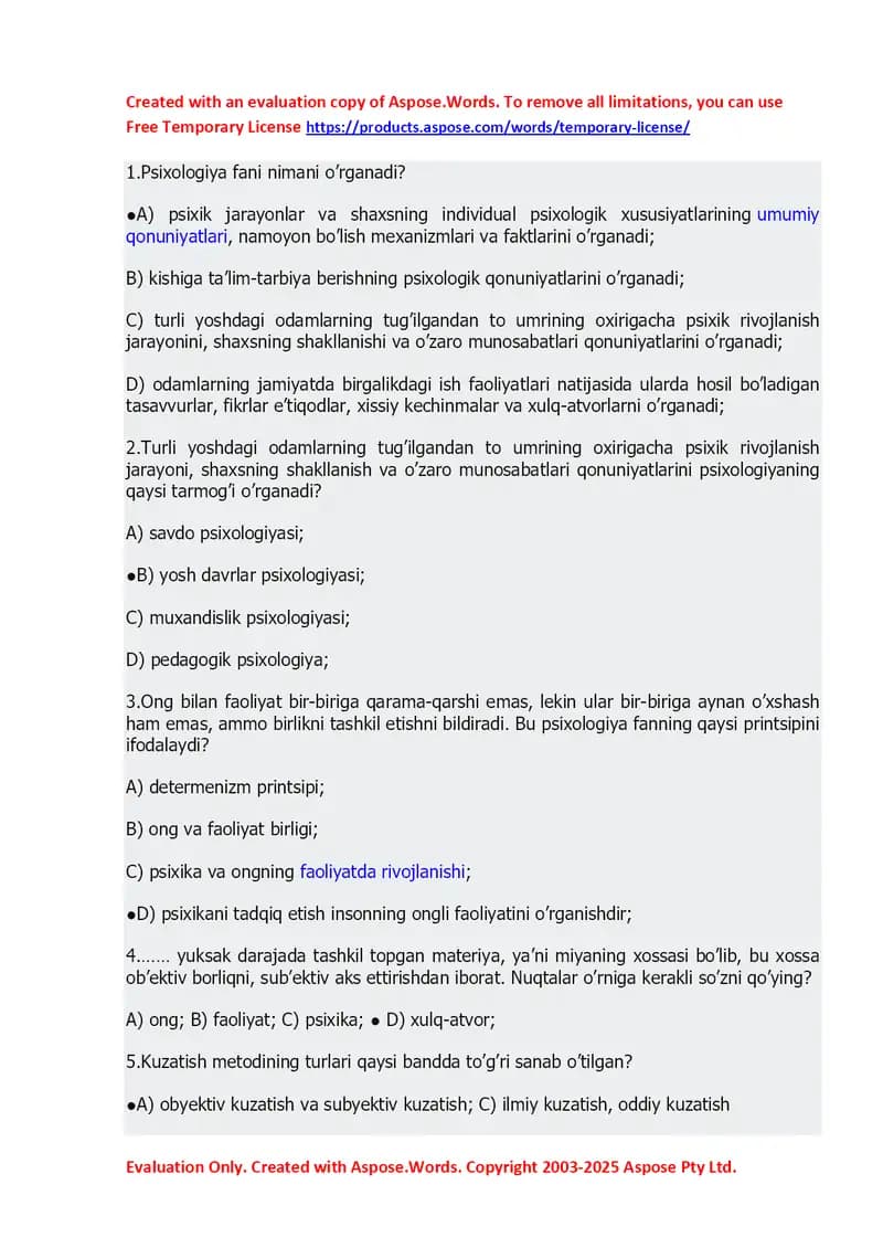 Psixologiya faniga oid test savollari to‘plami