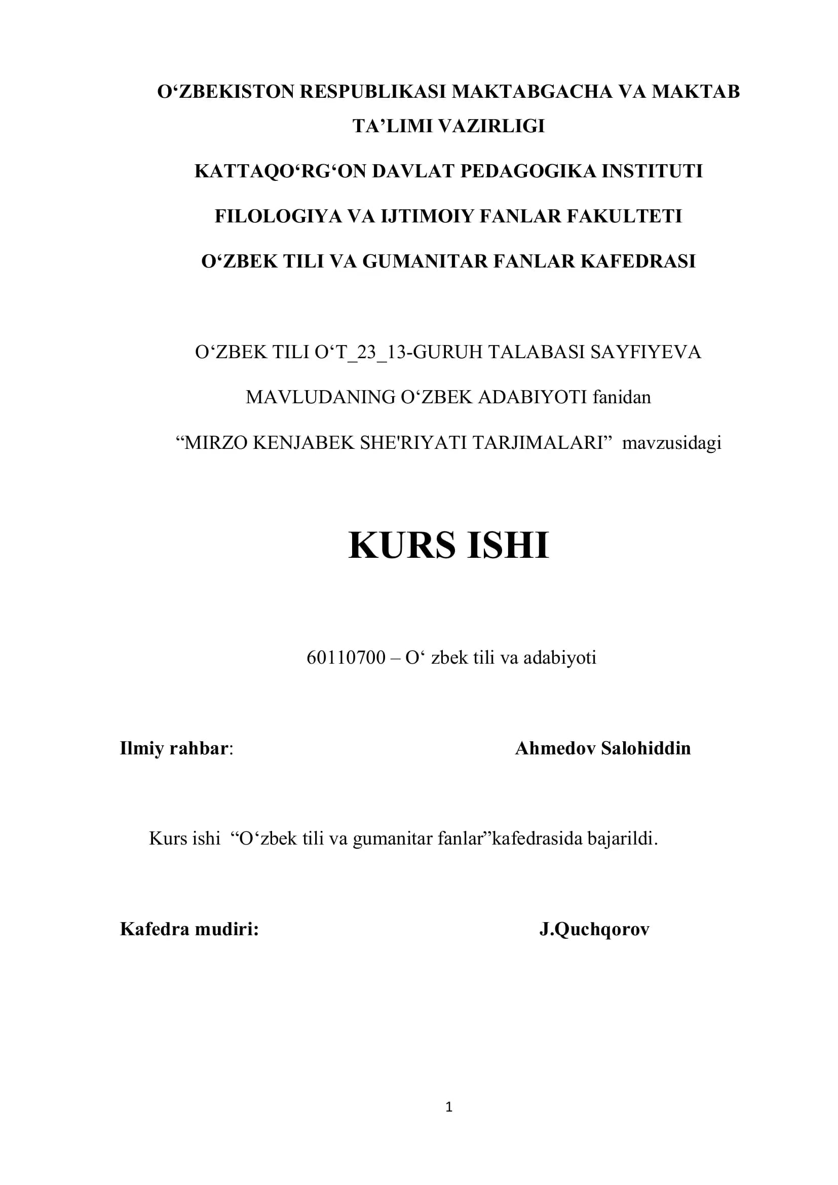 "MIRZO KENJABEK SHE'RIYATI TARJIMALARI"