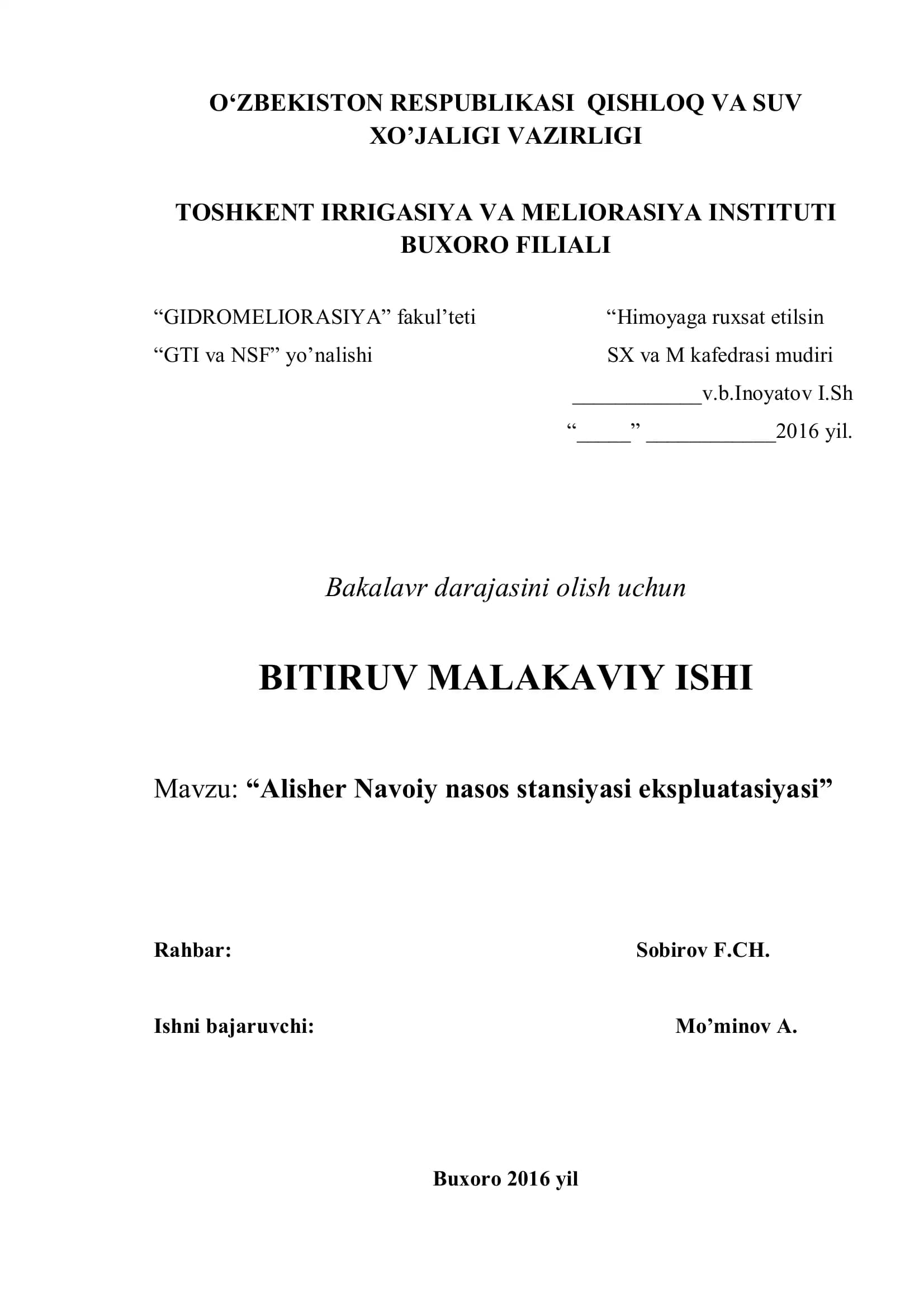 Alisher Navoiy nasos stansiyasi ekspluatasiyasi