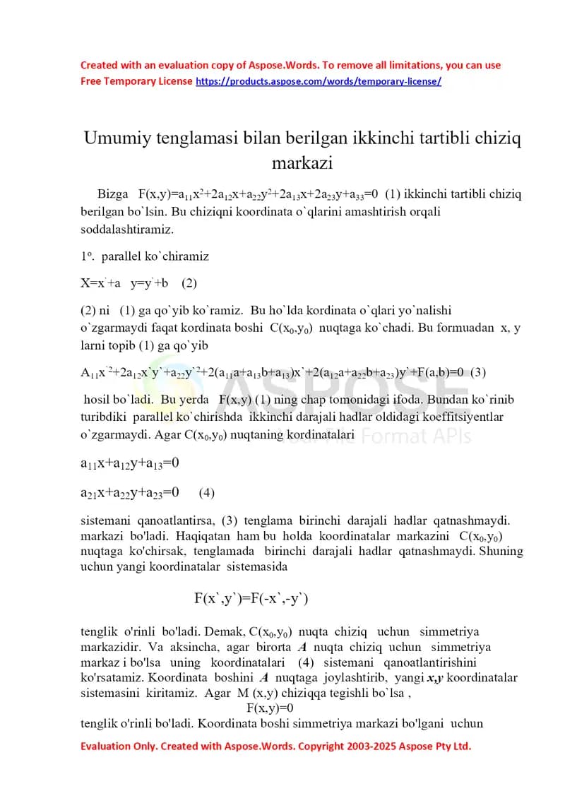 Ikkinchi tartibli chiziq markazi va uning xossalari