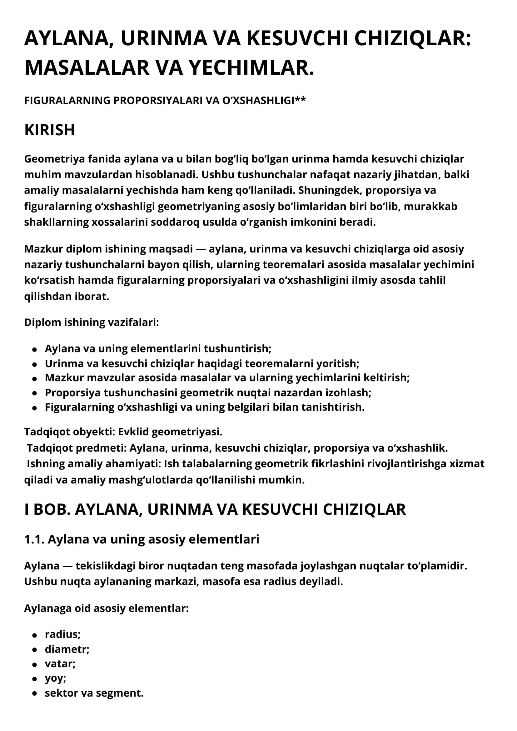 AYLANA, URINMA VA KESUVCHI CHIZIQLAR