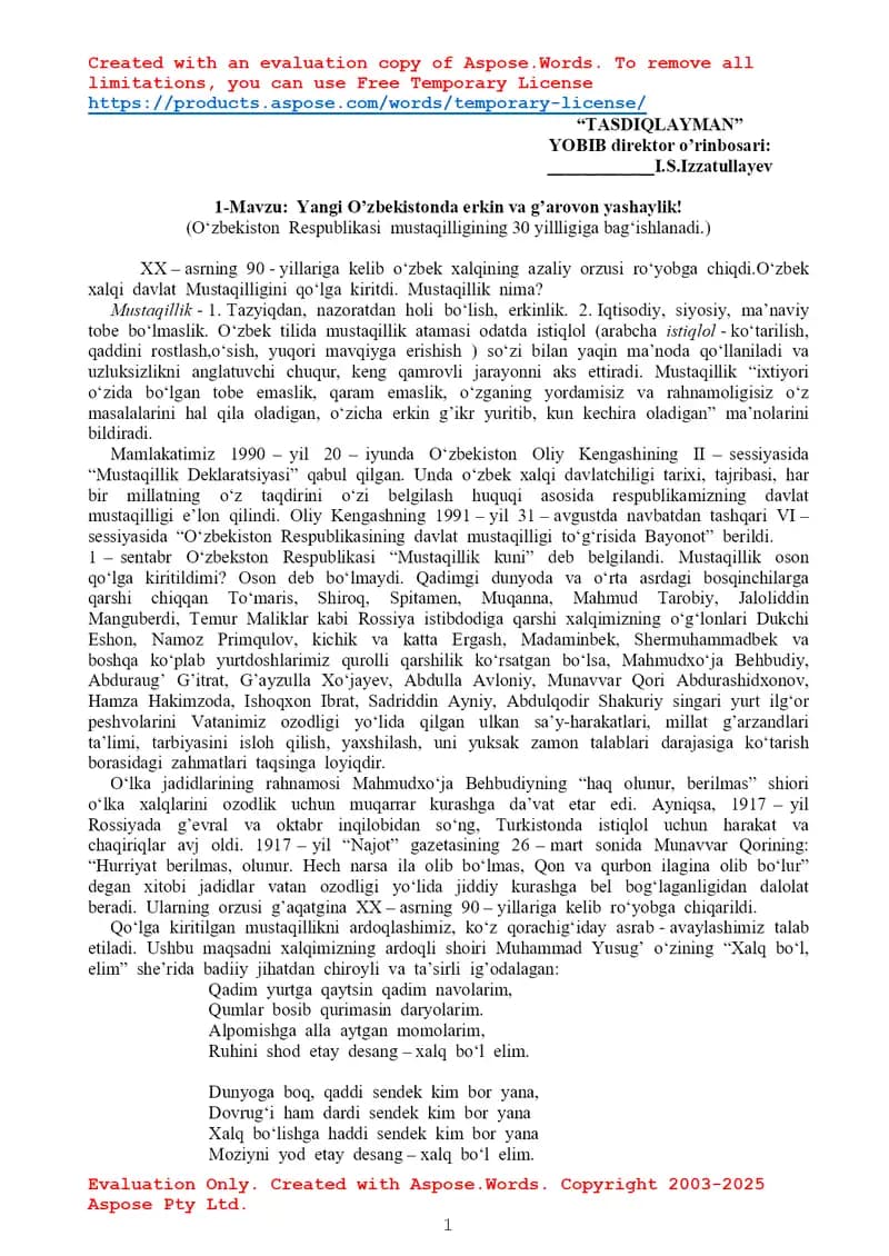 Yangi O’zbekistonda erkin va g’arovon yashaylik!