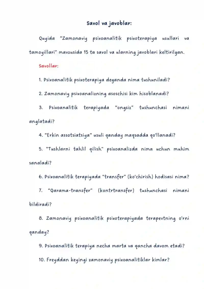 Zamonaviy psixoanalitik psixoterapiya usullari va tamoyillari