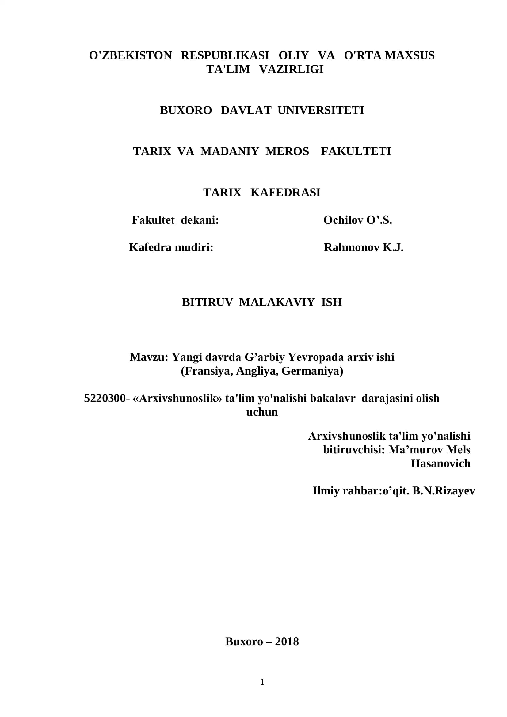 Yangi davrda G’arbiy Yevropada arxiv ishi (Fransiya, Angliya, Germaniya)