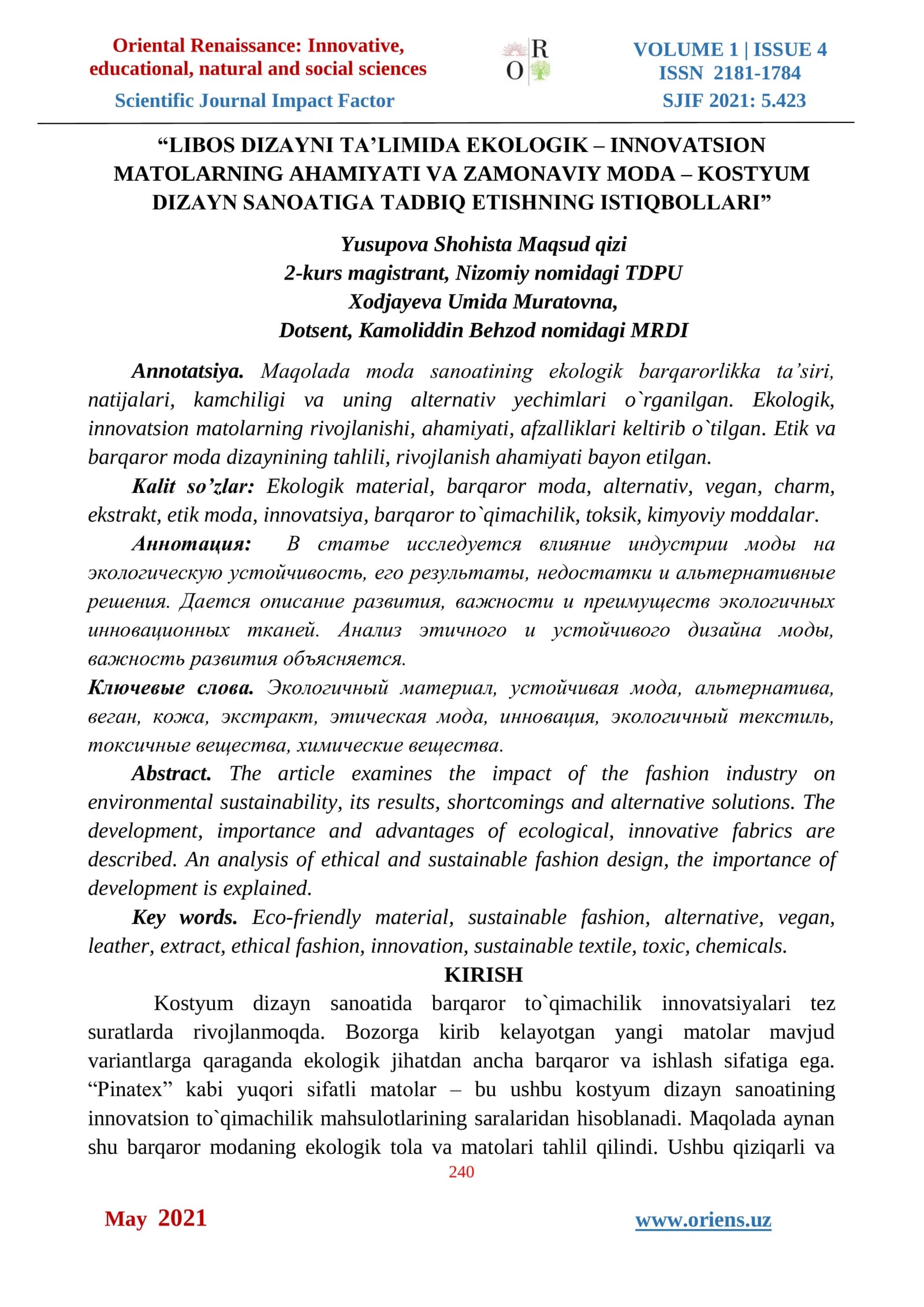 LIBOS DIZAYNI TA’LIMIDA EKOLOGIK – INNOVATSION