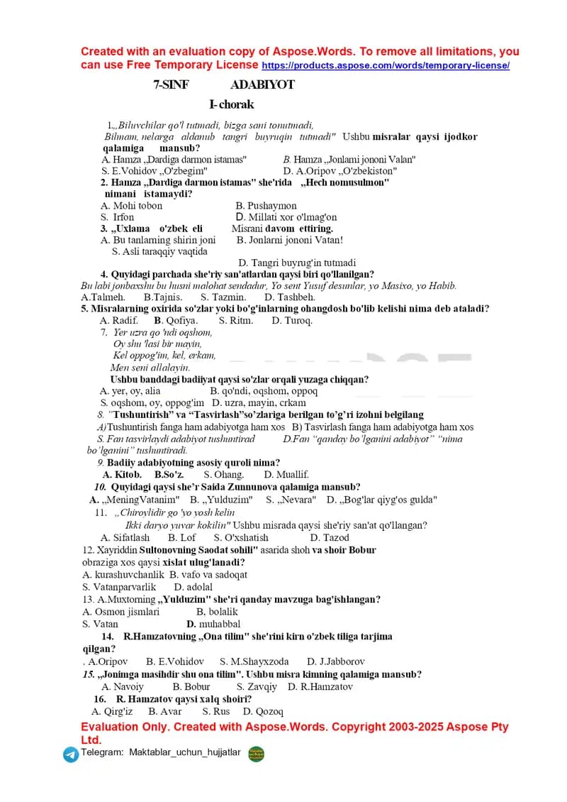 Adabiyot 7-sinf chorak test