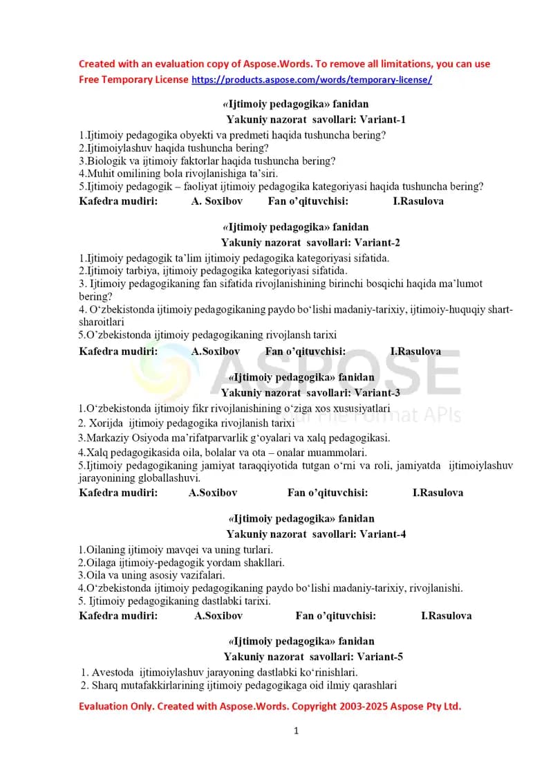 Ijtimoiy pedagogika fanidan yakuniy nazorat savollari (Variant 1–11)