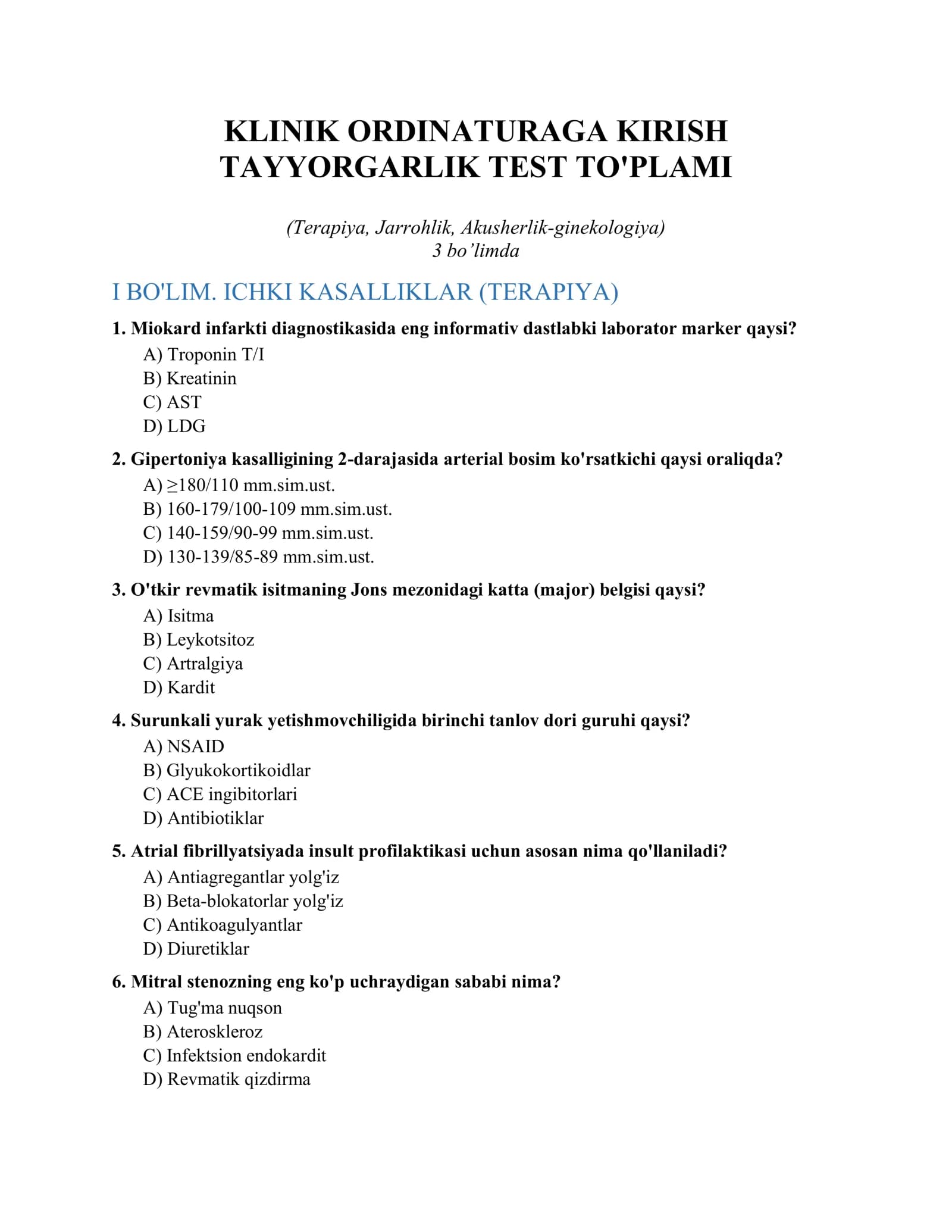 KLINIK ORDINATURAGA KIRISH TAYYORGARLIK TEST TO'PLAMI