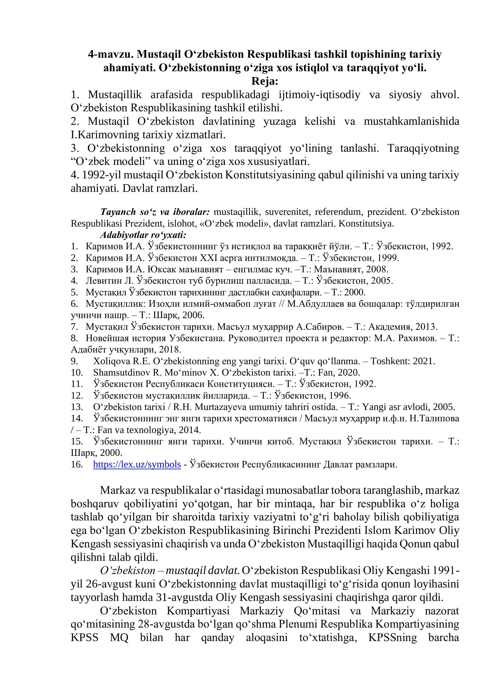 Mustaqil O‘zbekiston Respublikasi tashkil topishining tarixiy ahamiyati
