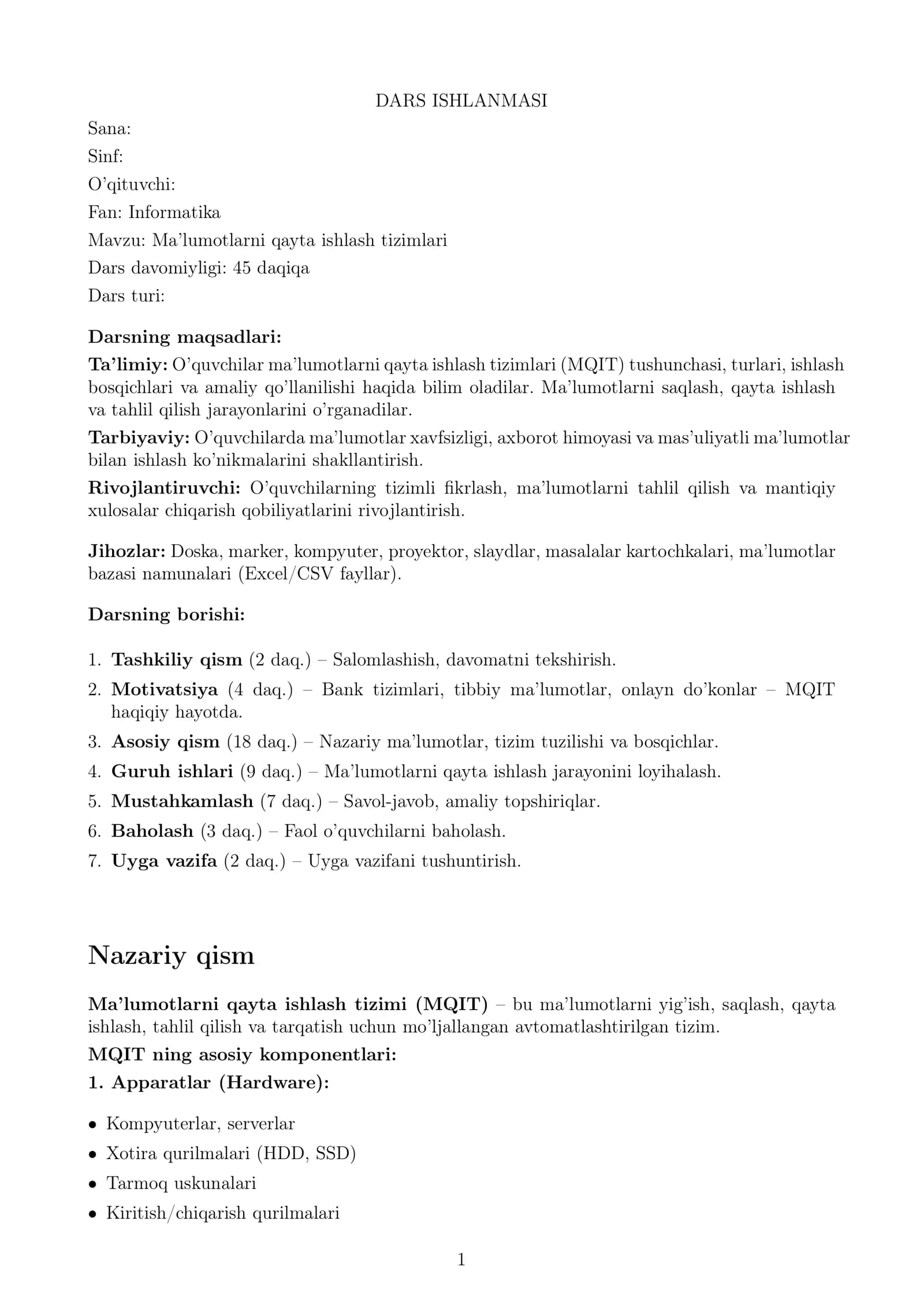 Ma’lumotlarni qayta ishlash tizimlari (Dars ishlanmasi)