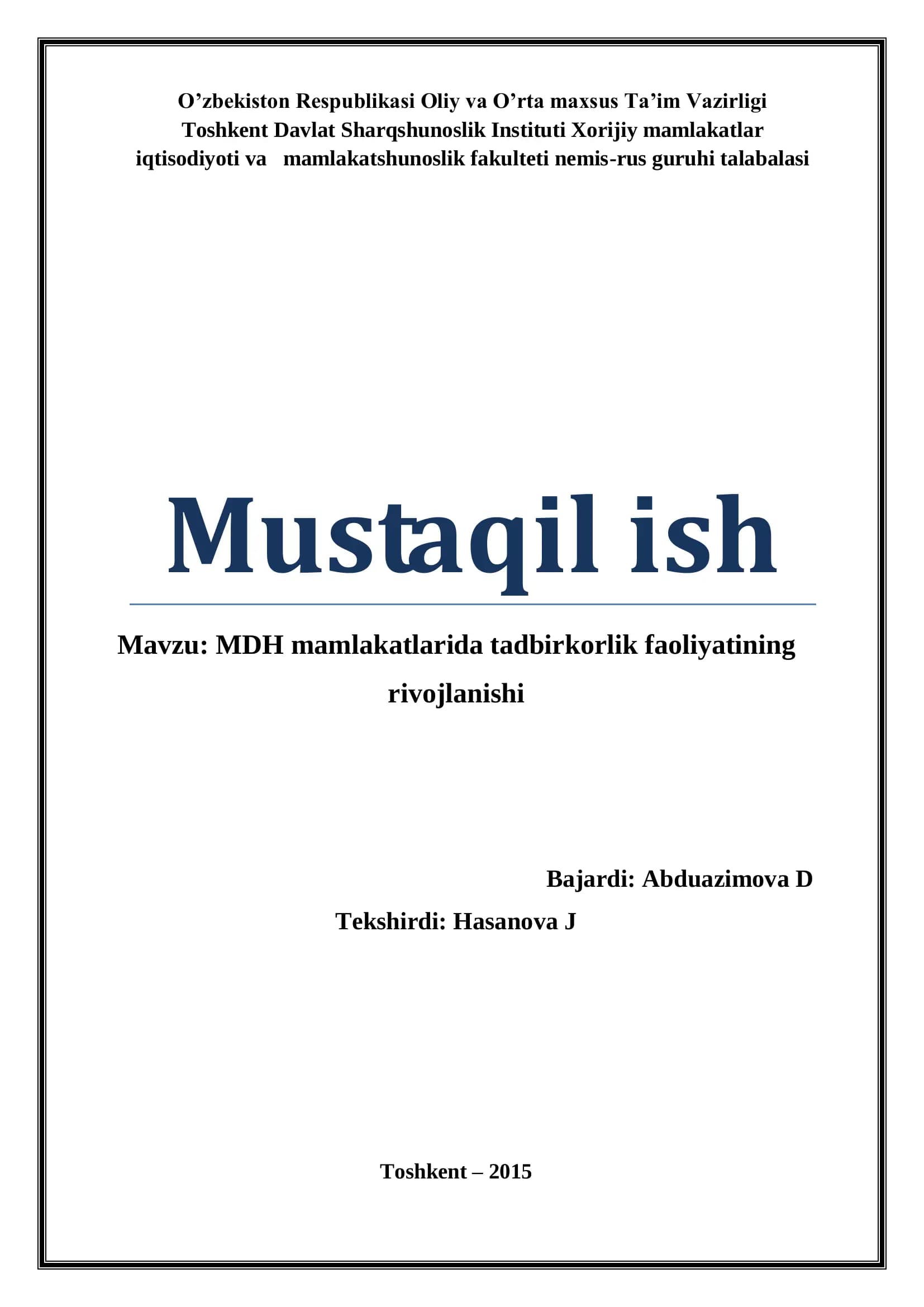 MDH mamlakatlarida tadbirkorlik faoliyatining rivojlanishi
