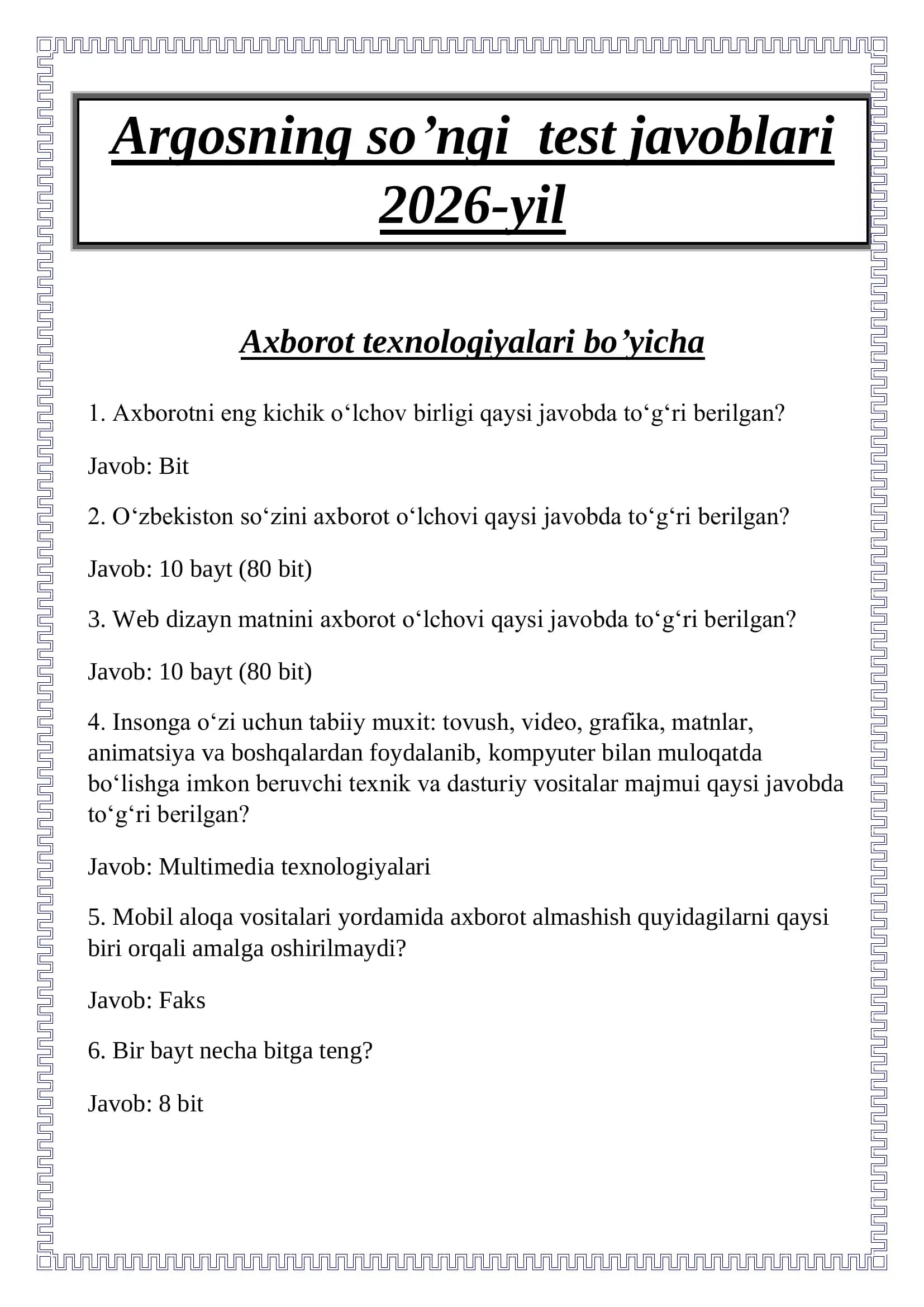 Argosning so’ngi test javoblari 2026-yil Axborot texnologiyalari bo’yicha