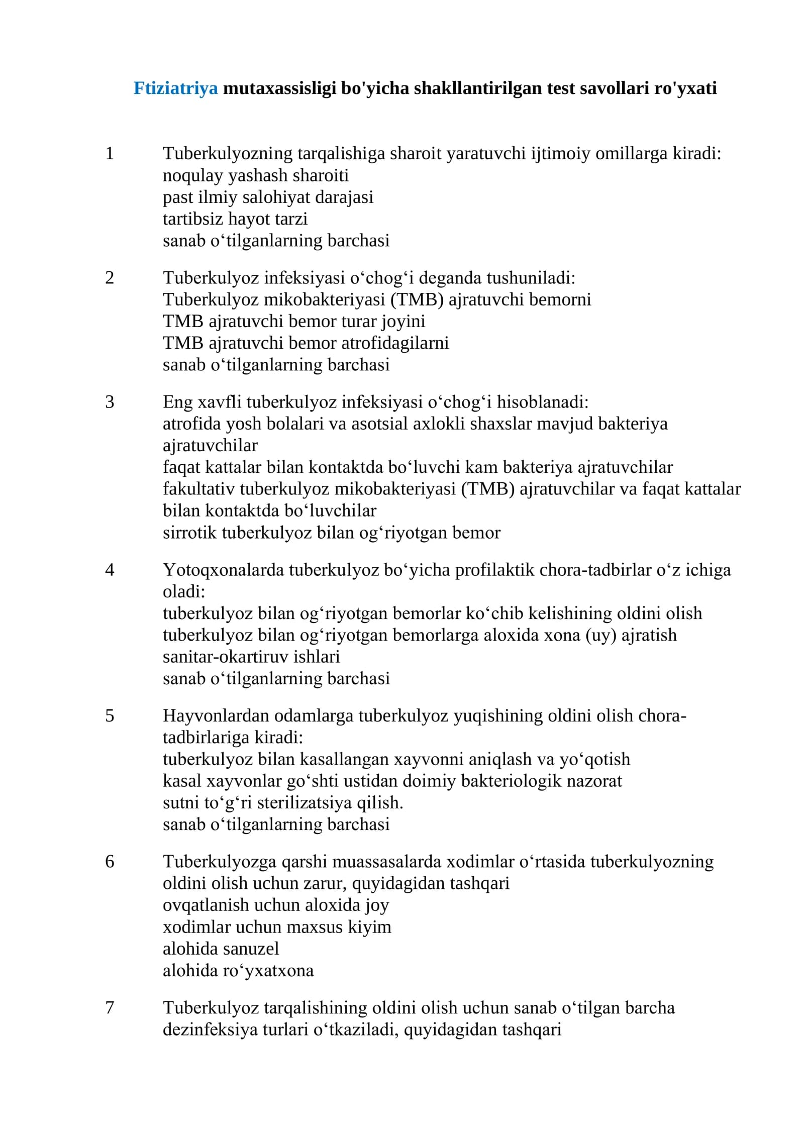 Ftiziatriya mutaxassisligi bo'yicha shakllantirilgan test savollari ro'yxati  2026
