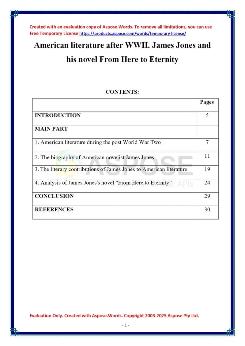American Literature After WWII: James Jones and His Novel "From Here to Eternity"