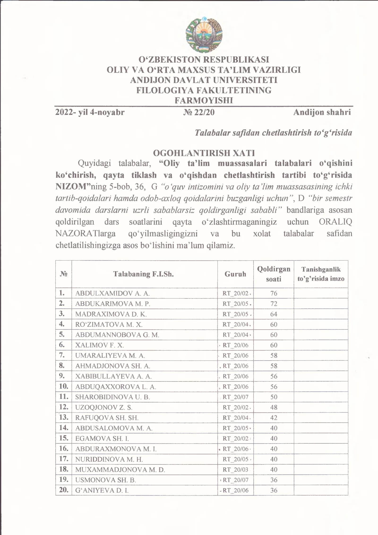 Talabalarni safidan chetlashtirish