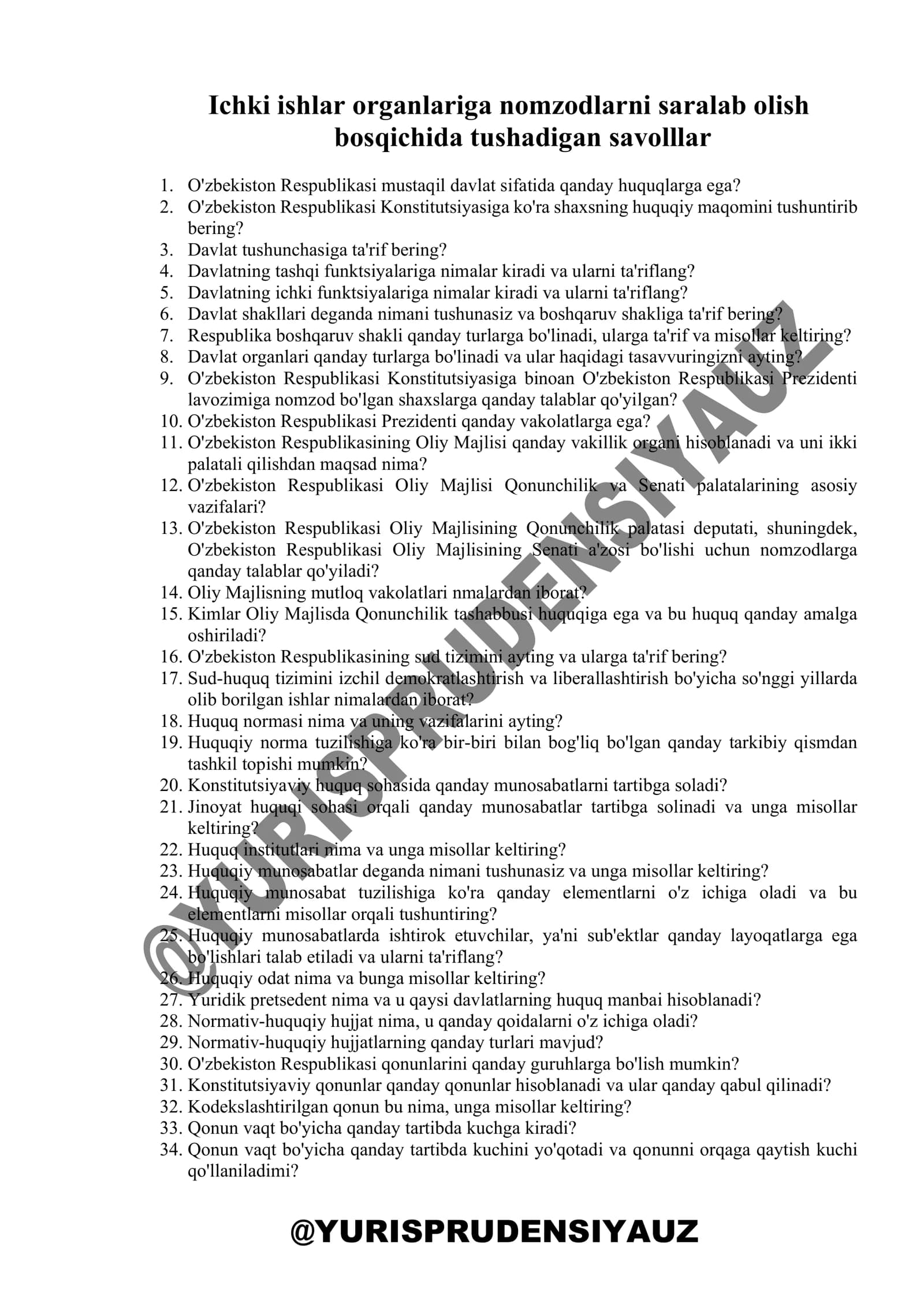 Ichki ishlar organlariga nomzodlarni saralab olish  bosqichida tushadigan savolllar