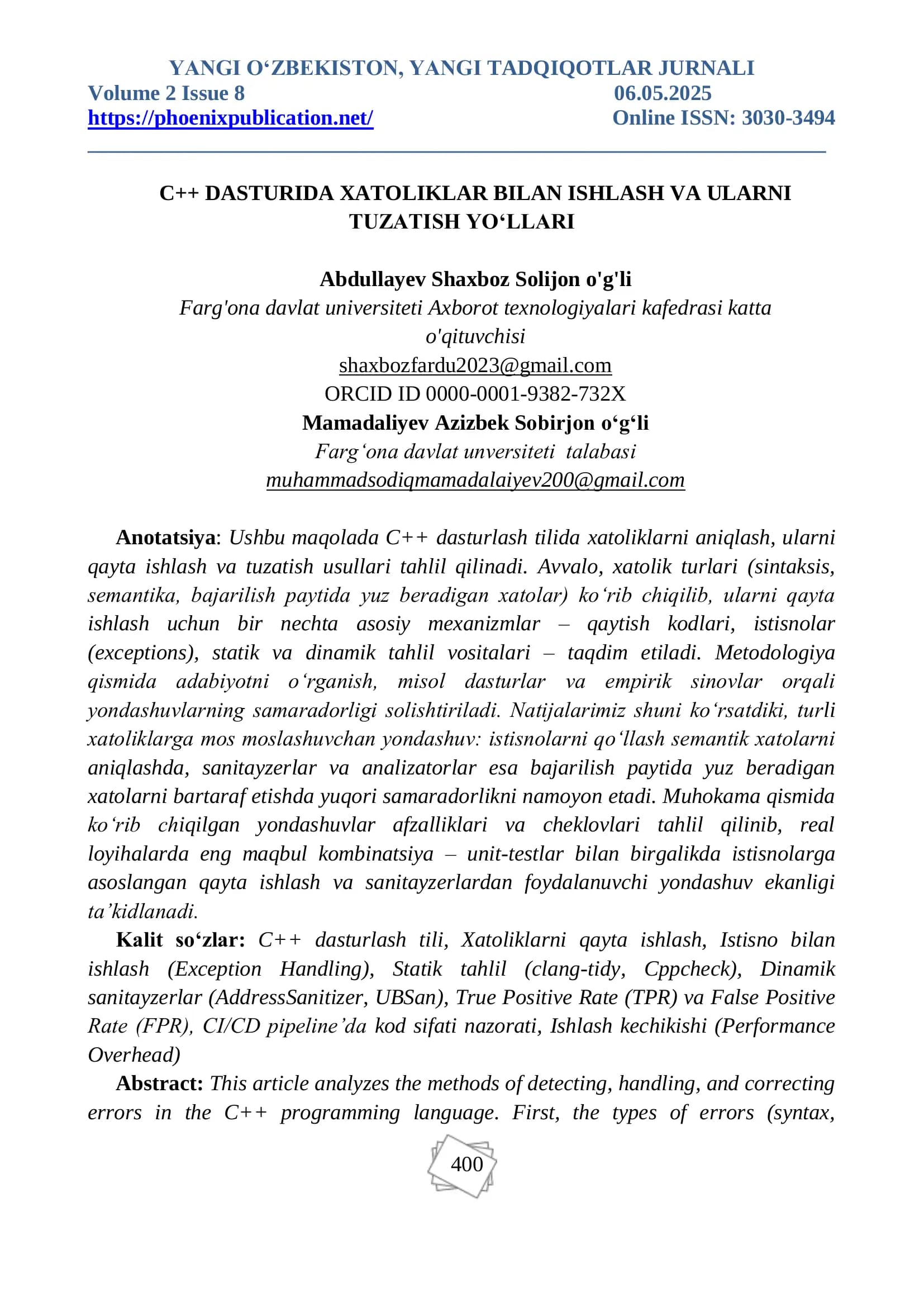 C++ DASTURIDA XATOLIKLAR BILAN ISHLASH VA ULARNI TUZATISH YO‘LLARI