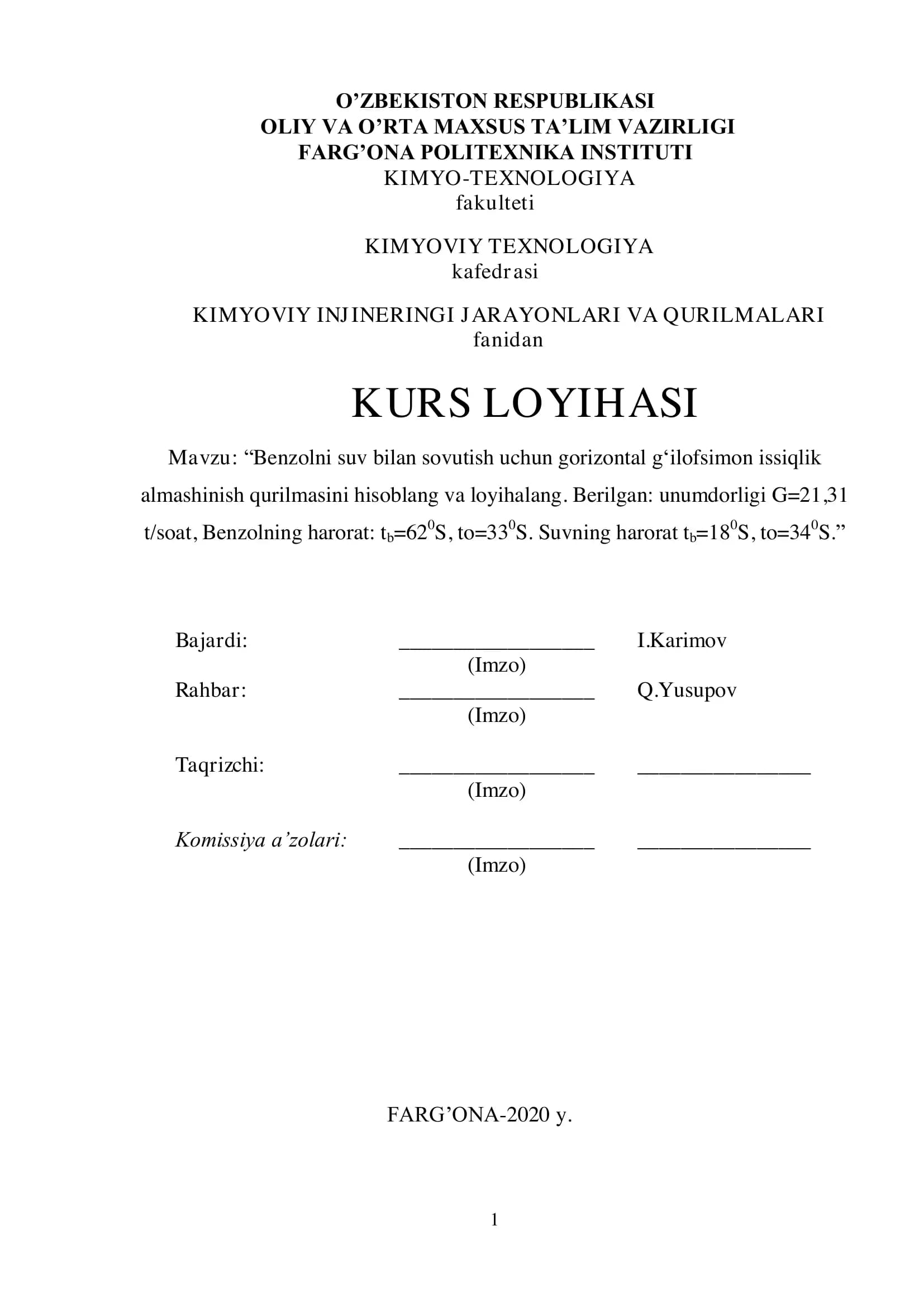 KIMYOVIY INJINERING JARAYONLARI VA QURILMALARI