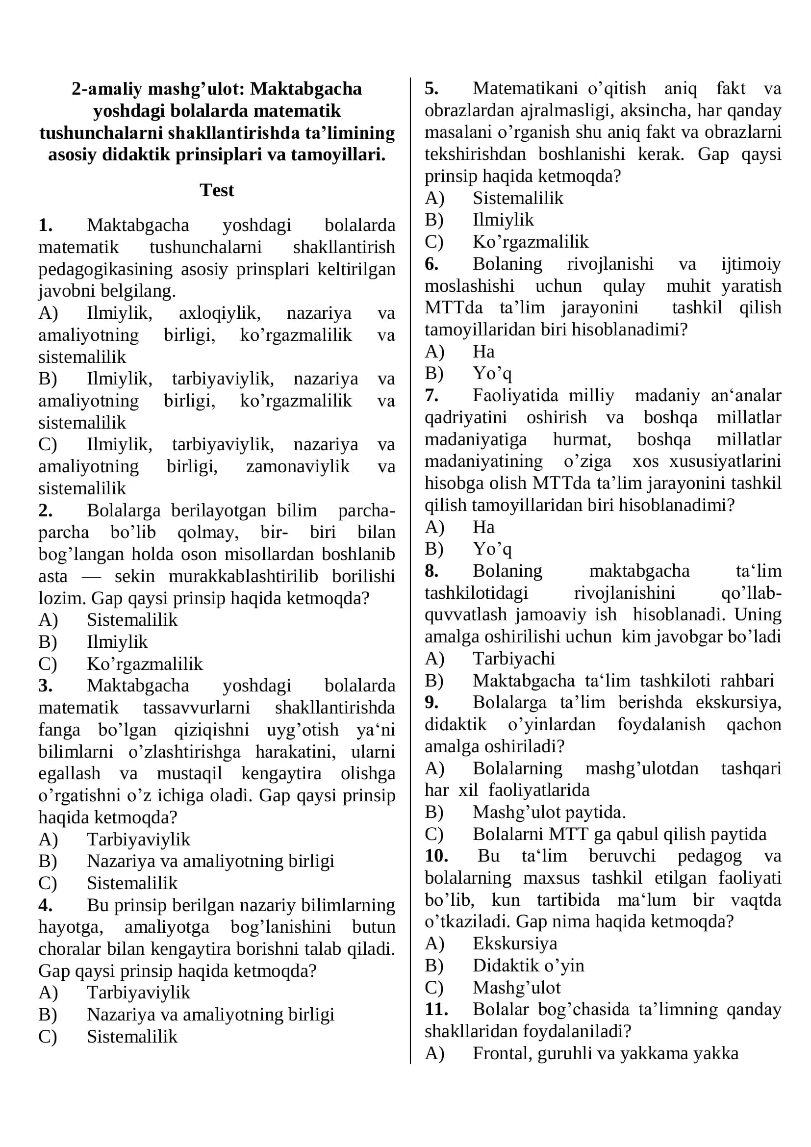 Maktabgacha yoshdagi bolalarda matematik tushunchalarni shakllantirish