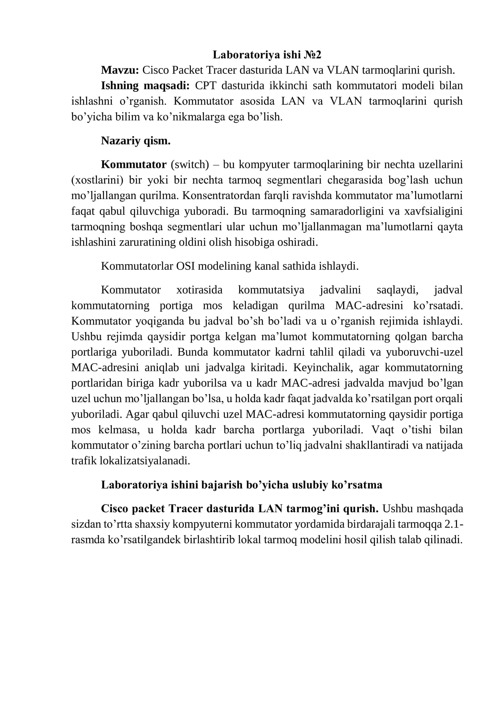 Cisco Packet Tracer dasturida LAN va VLAN tarmoqlarini qurish.