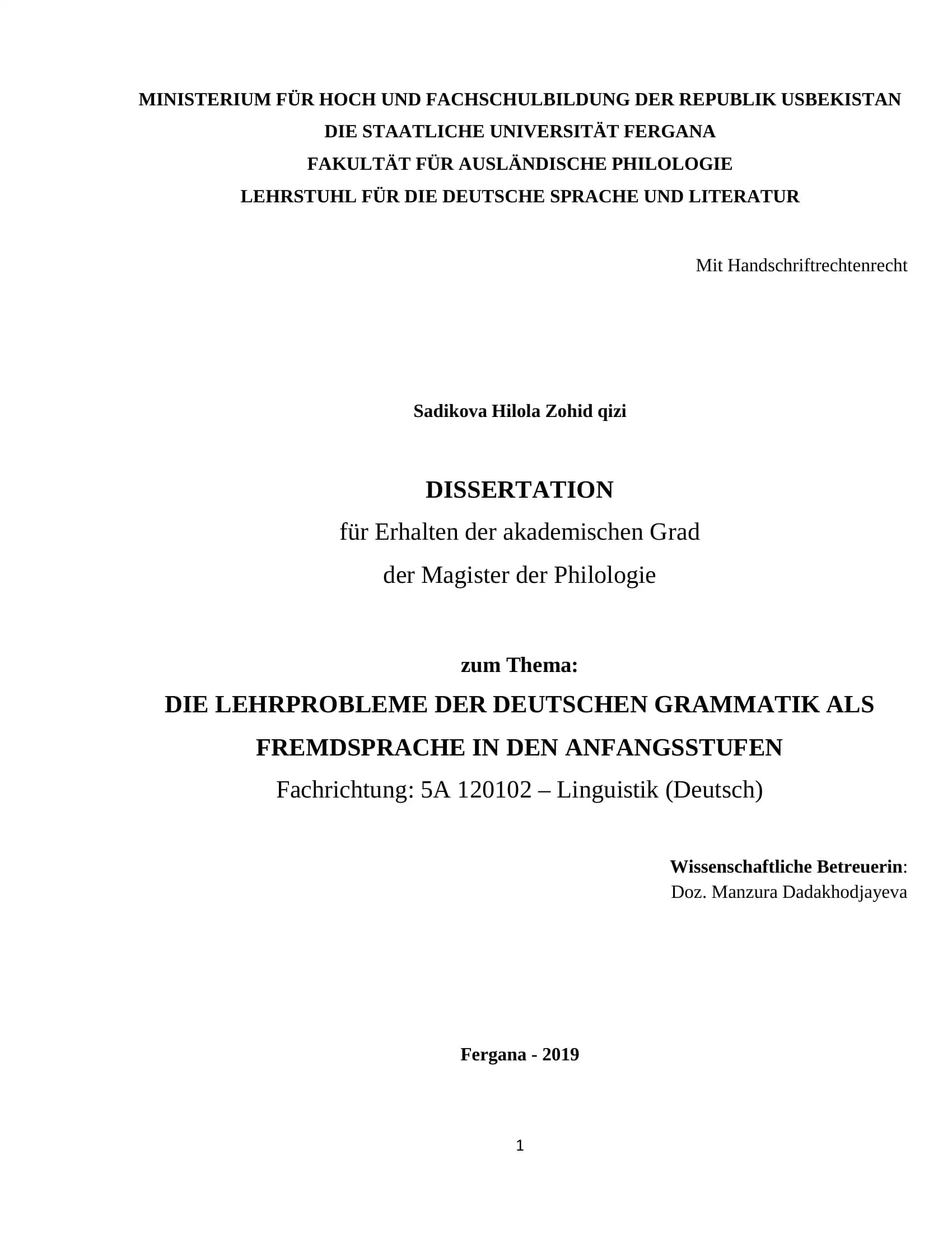 DISSERTATION: DIE LEHRPROBLEME DER DEUTSCHEN GRAMMATIK ALS FREMDSPRACHE IN DEN ANFANGSSTUFEN