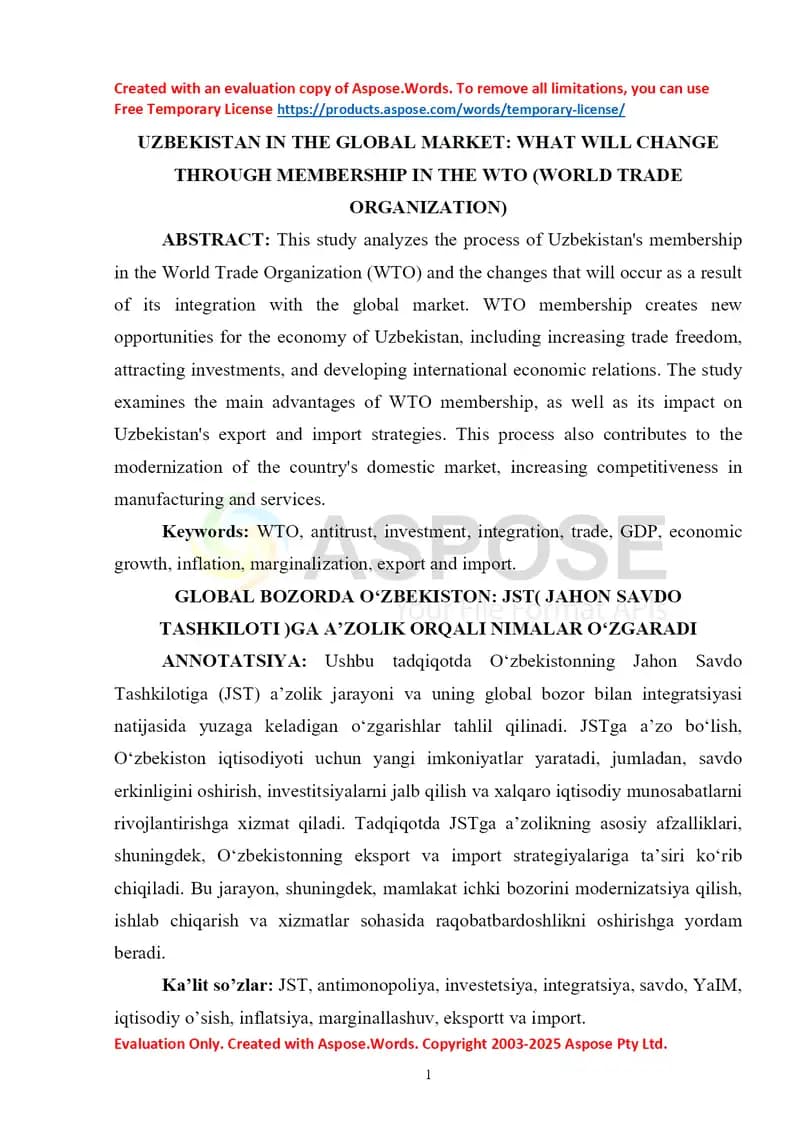 Uzbekistan in the Global Market: What Will Change Through Membership in the WTO (World Trade Organization)