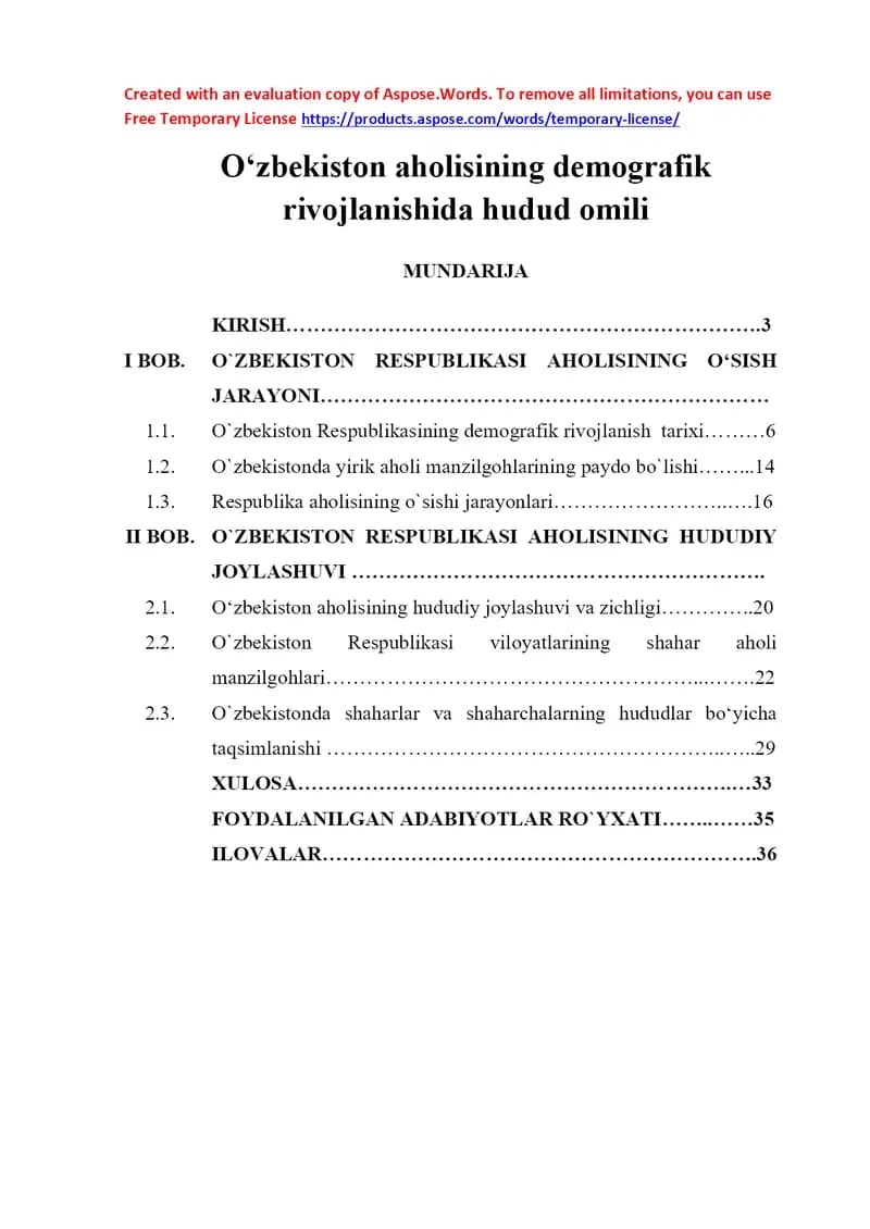 Oʻzbekiston aholisining demografik rivojlanishida hudud omili
