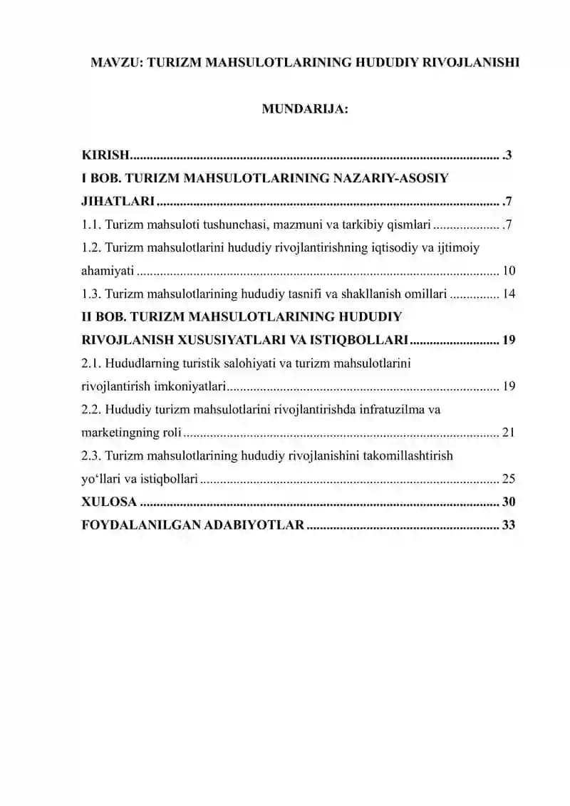 TURIZM MAHSULOTLARINING HUDUDIY RIVOJLANISHI