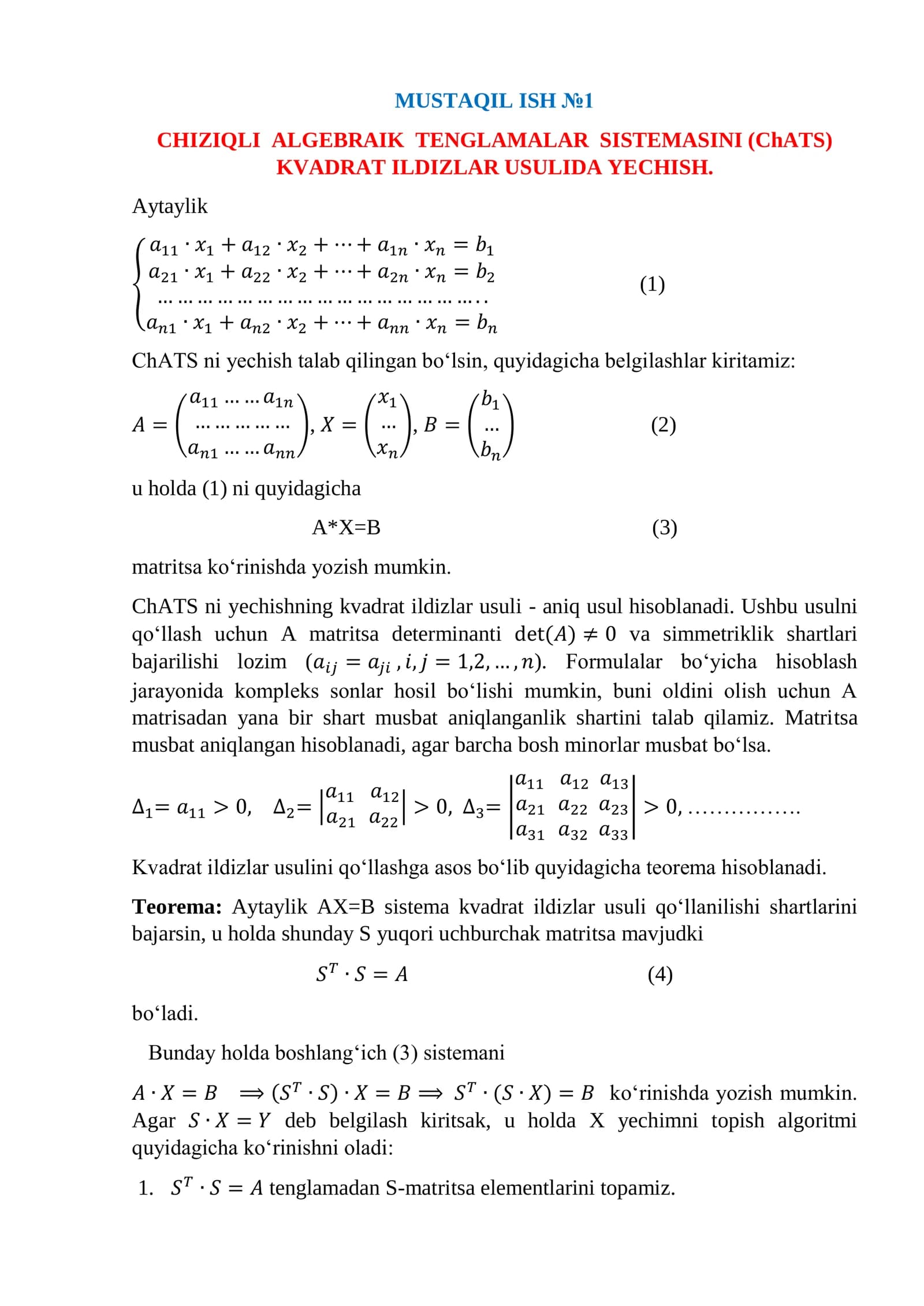 CHIZIQLI ALGEBRAIK TENGLAMALAR SISTEMASINI (ChATS)