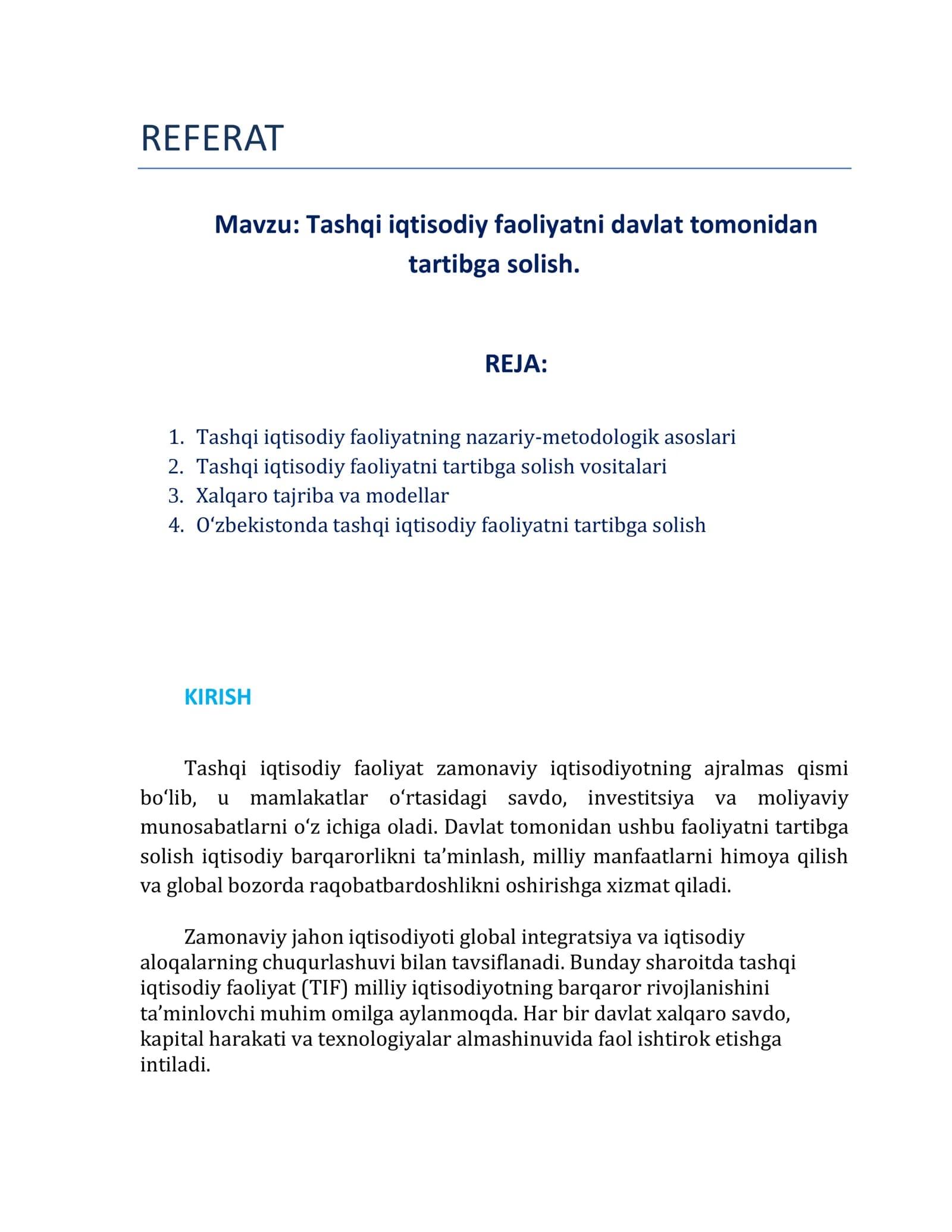 Tashqi iqtisodiy faoliyatni davlat tomonidan tartibga solish