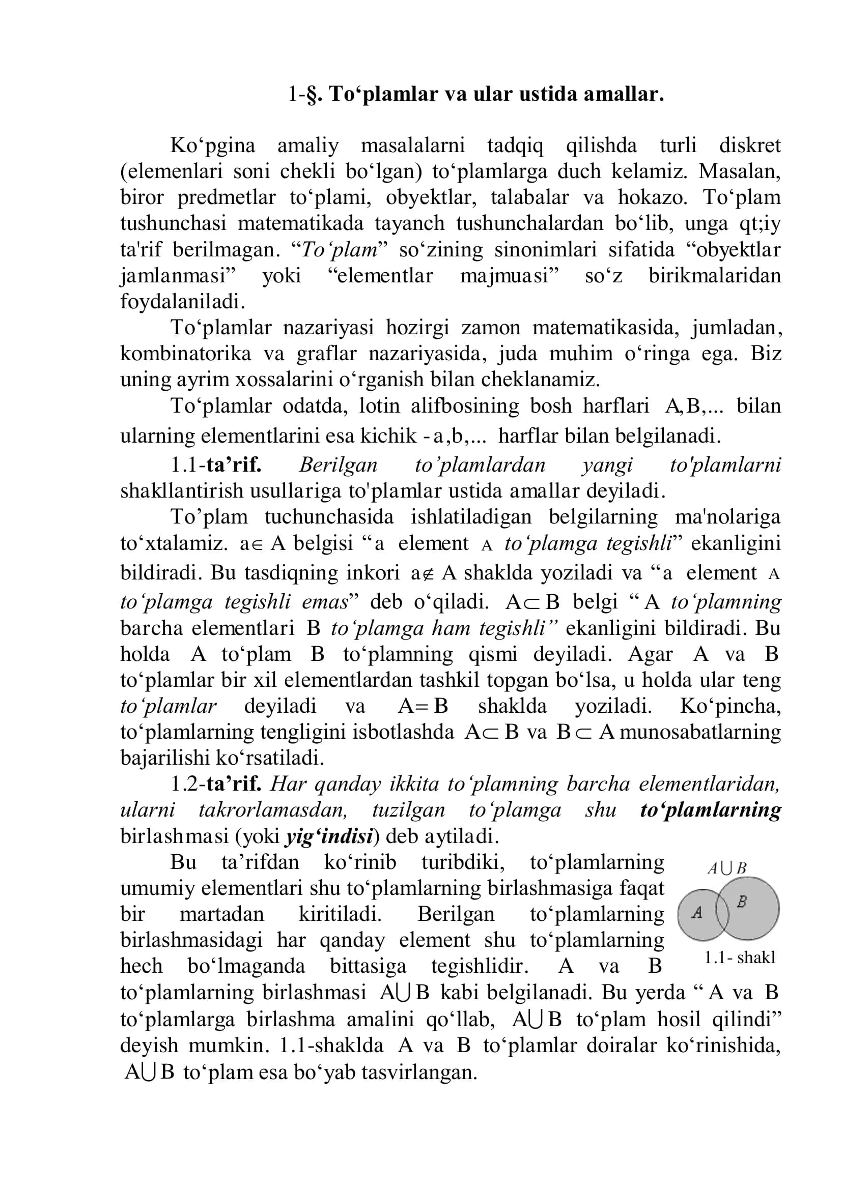 To‘plamlar va ular ustida amallar