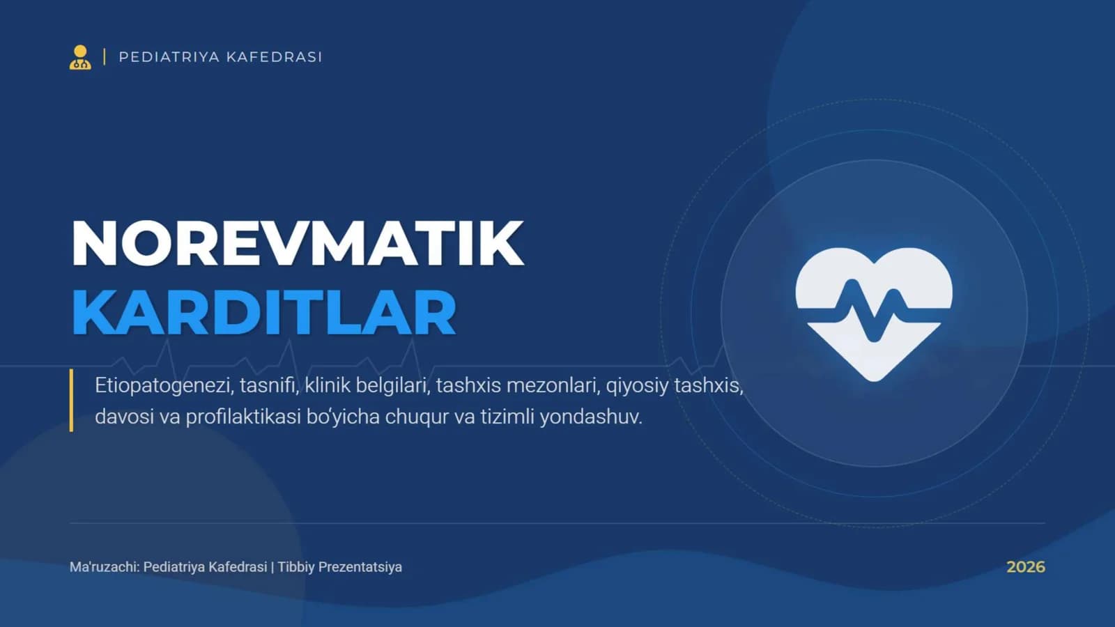 Norevmatik karditlar. Etiopatogenezi. Tasnifi. Klinik belgilari. Tashxisot mezonlari. Qiyosiy tashxis. Davosi. Profilaktikasi.