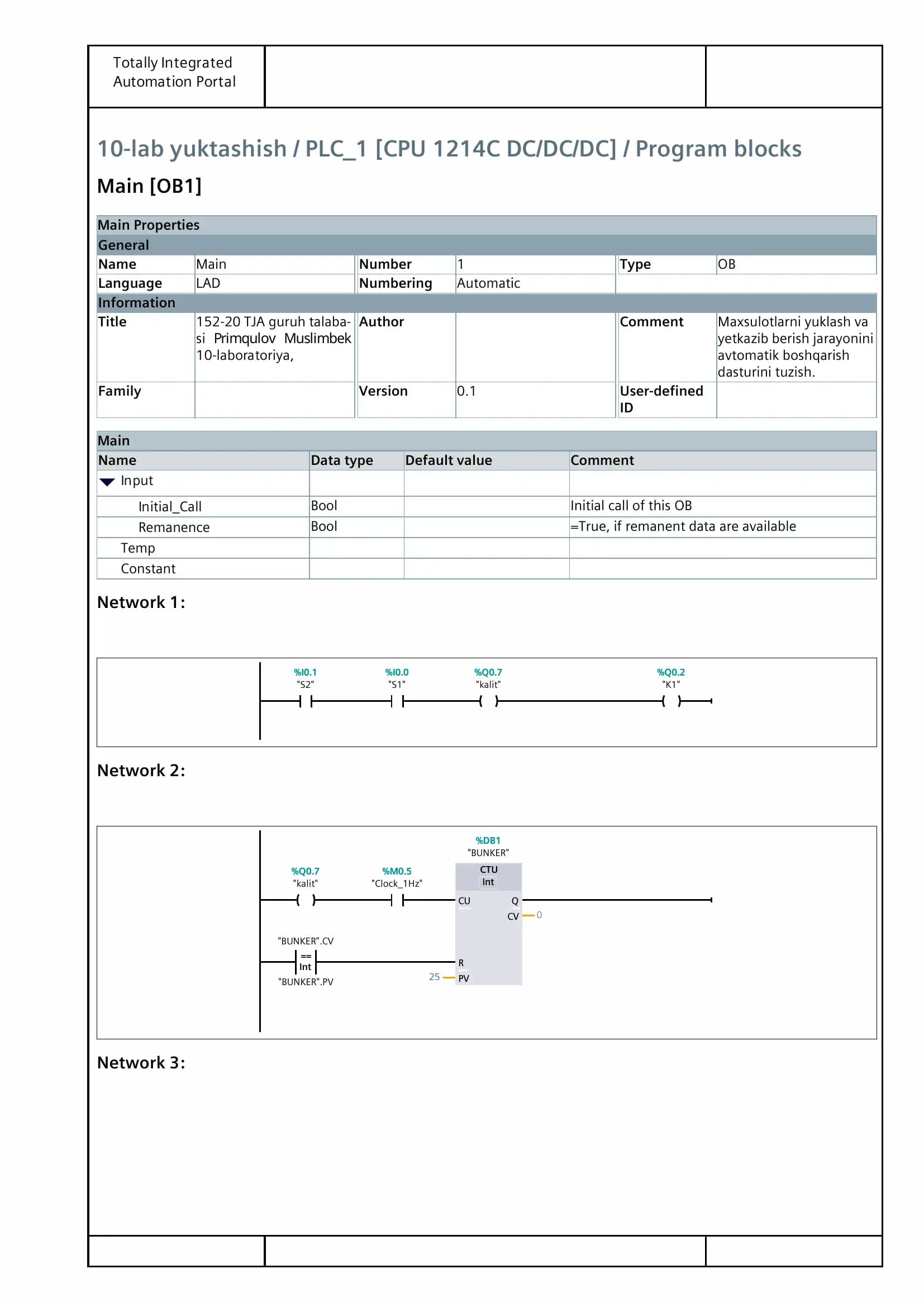 10-lab yuktashish / PLC_1 [CPU 1214C DC/DC/DC] / Program blocks