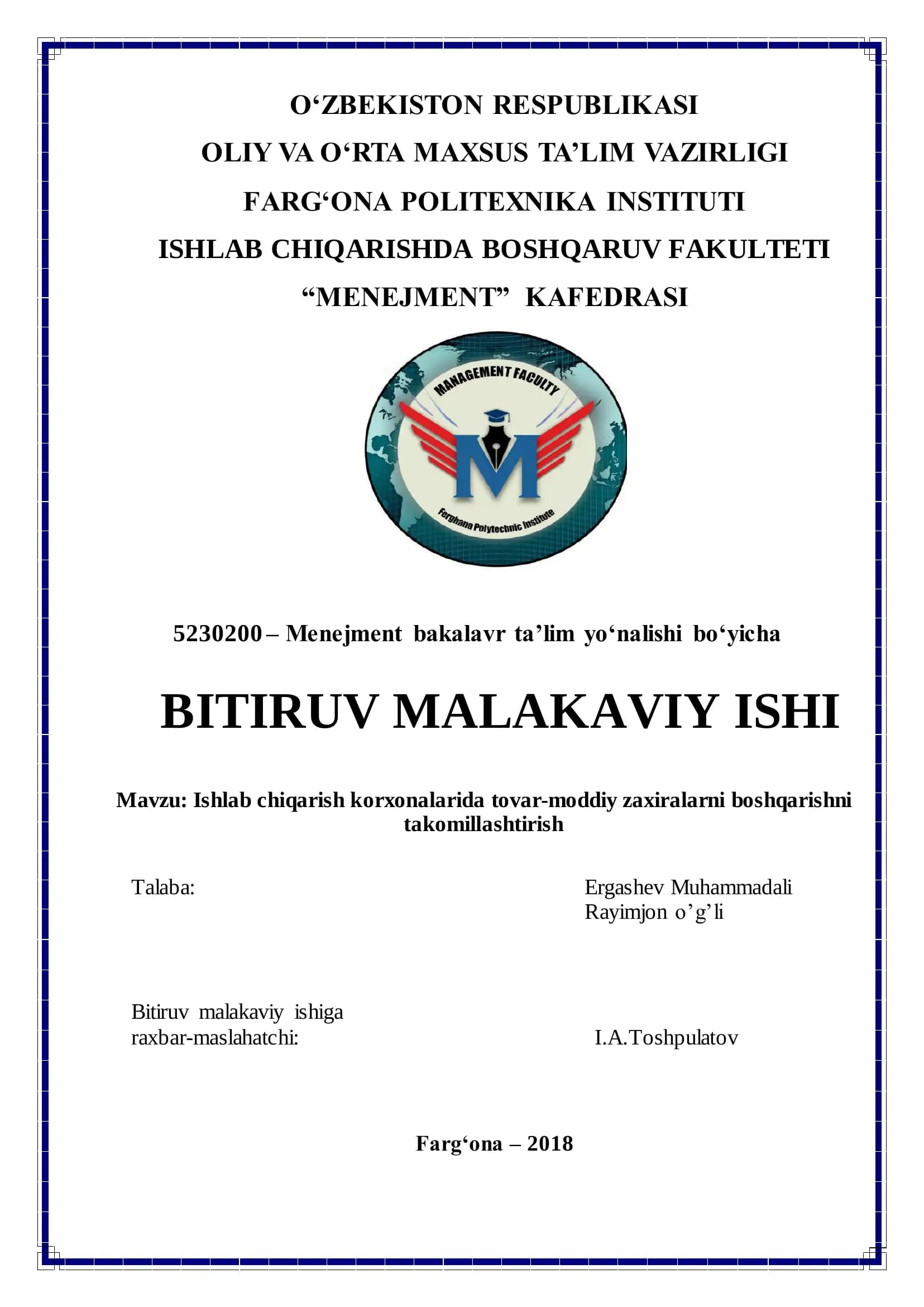 Ishlab chiqarish korxonalarida tovar-moddiy zaxiralarni boshqarishni takomillashtirish
