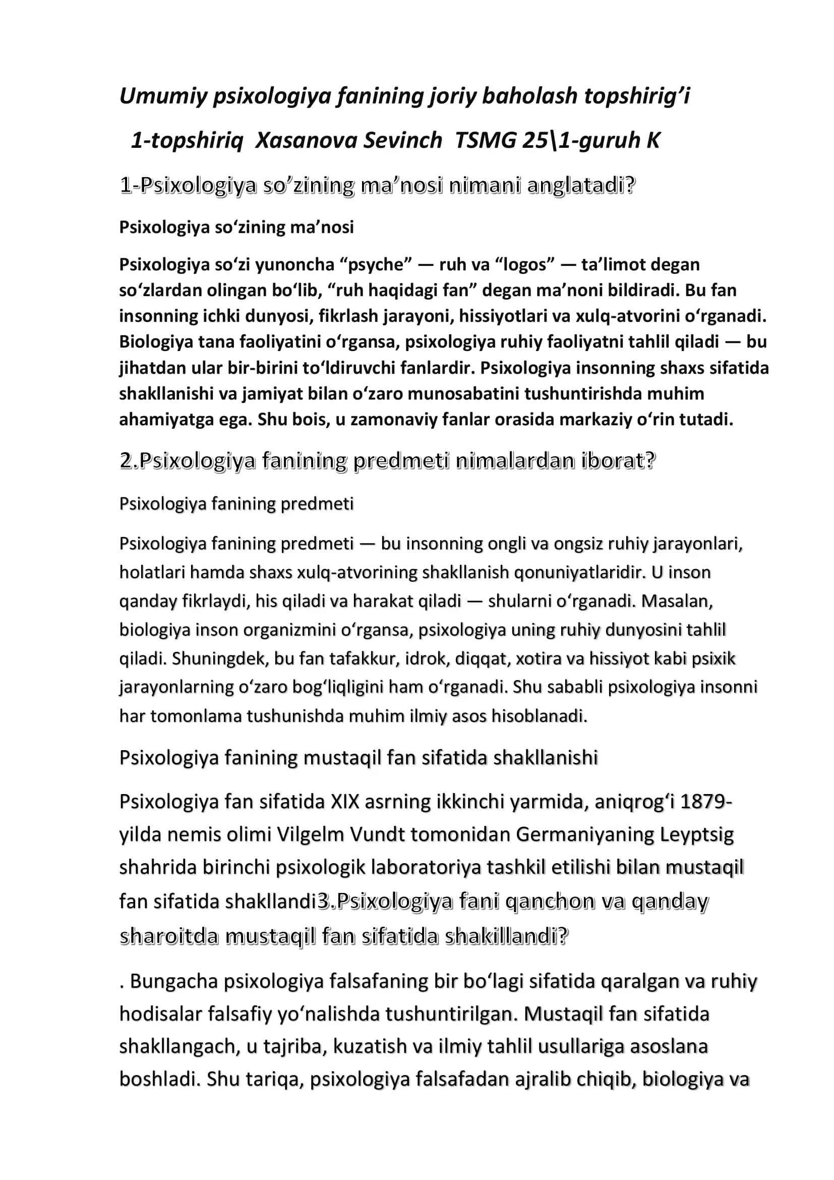 umumiy psixologiya boyicha savol javoblar
