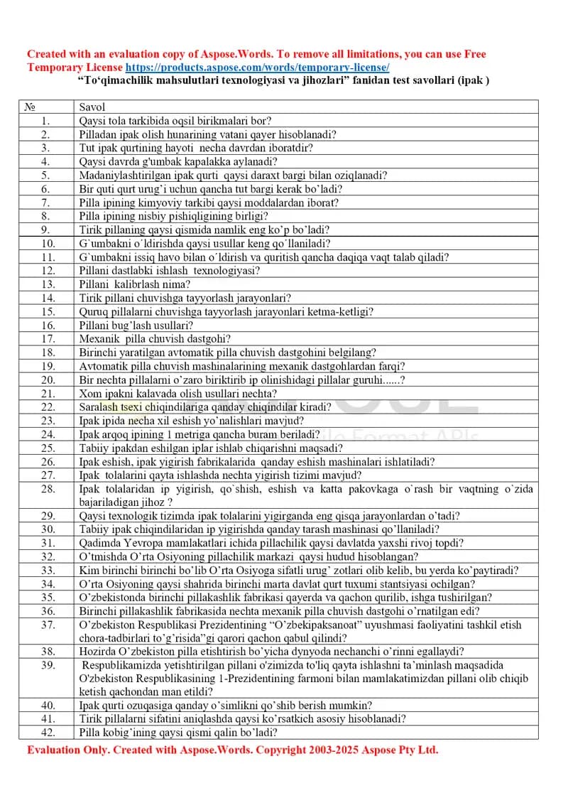 “To‘qimachilik mahsulotlari texnologiyasi va jihozlari” fanidan test savollari (ipak)