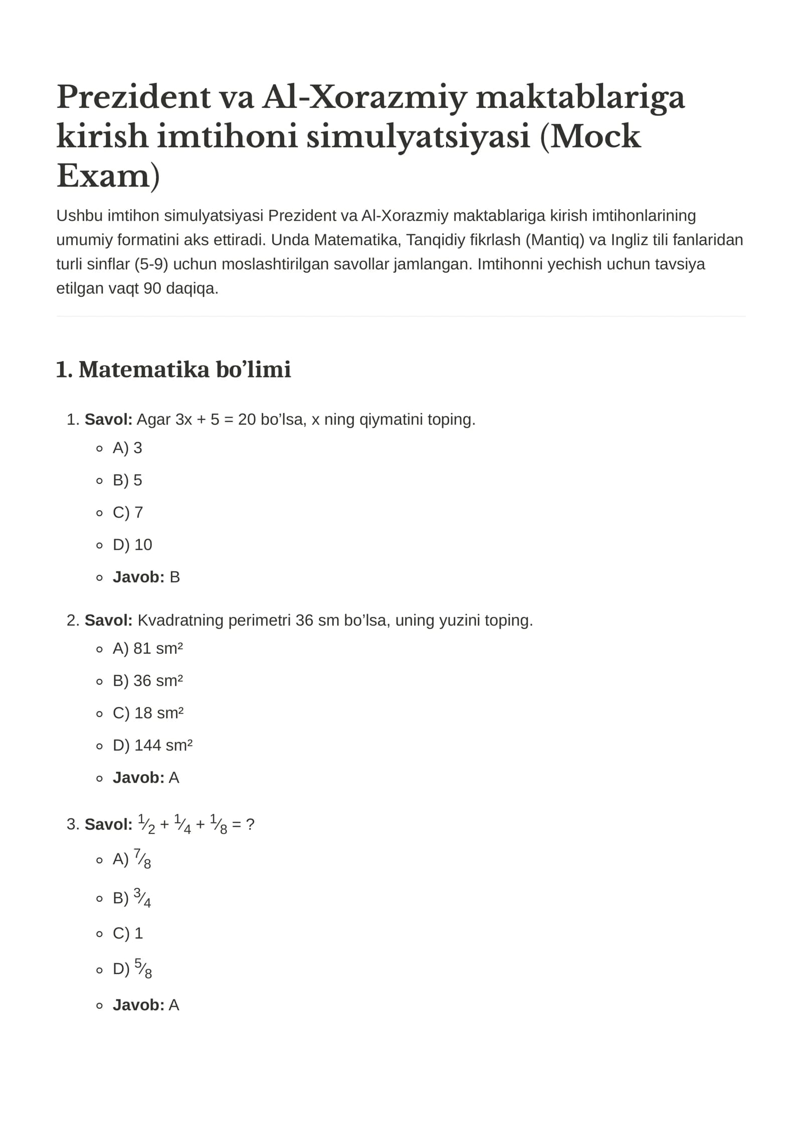 Prezident va Al-Xorazmiy maktablariga kirish imtihoni simulyatsiyasi (Mock Exam)