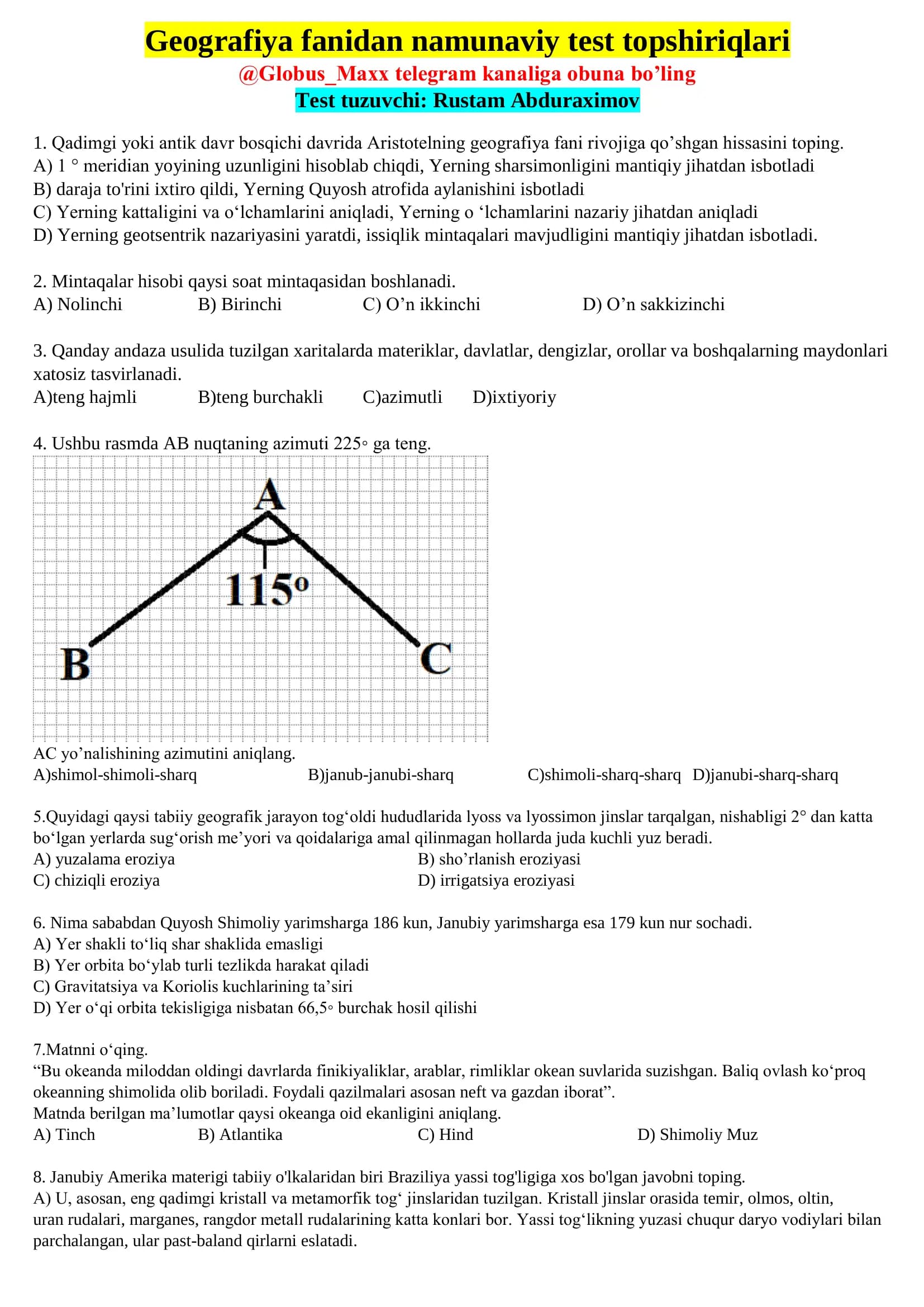 Geografiya fanidan namunaviy test topshiriqlari